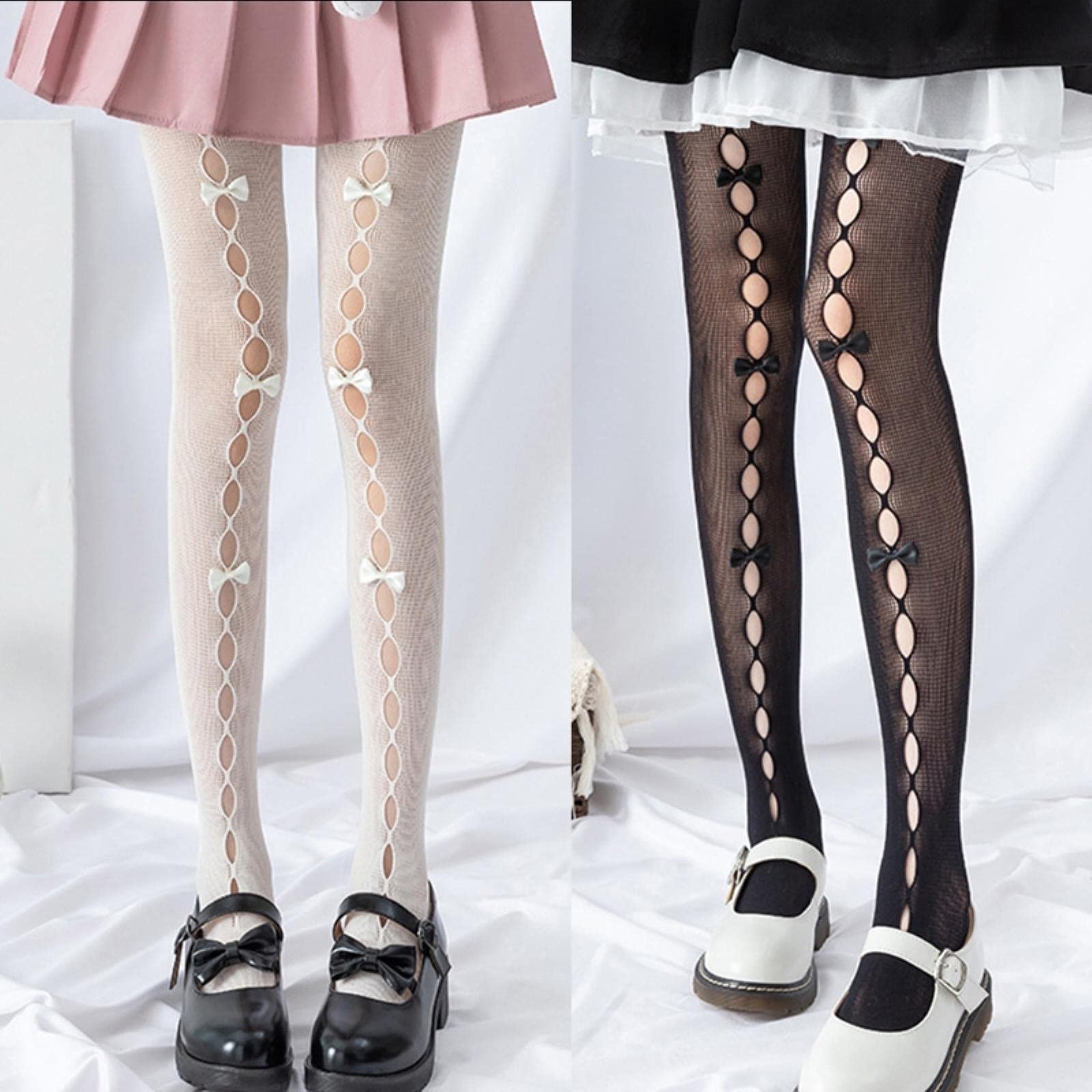 Medias de Red con Agujeros para Mujer y niña, Pantimedias de Red con Lazo Hecho a Mano, Medias elásticas japonesas de Lolita Kawaii