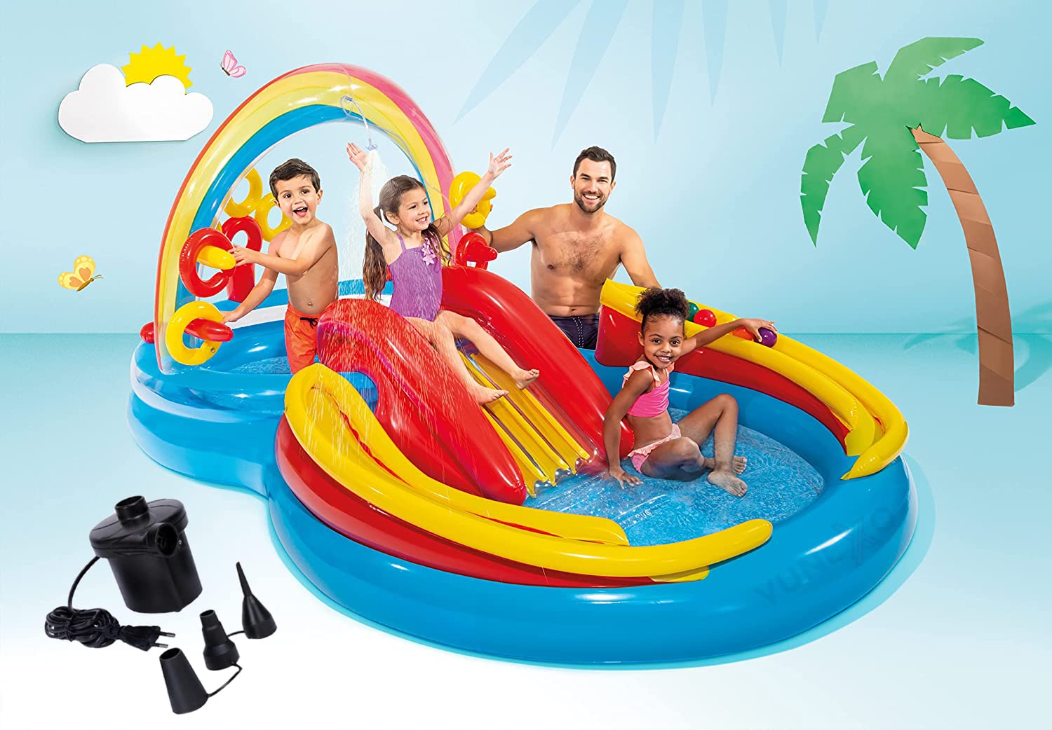 Homava Rainbow Ring Inflatable Swimming Pool, Water Sprayer Play Center with Electric Pump, 117" X 76" X 53", for Ages 2+-picture-22