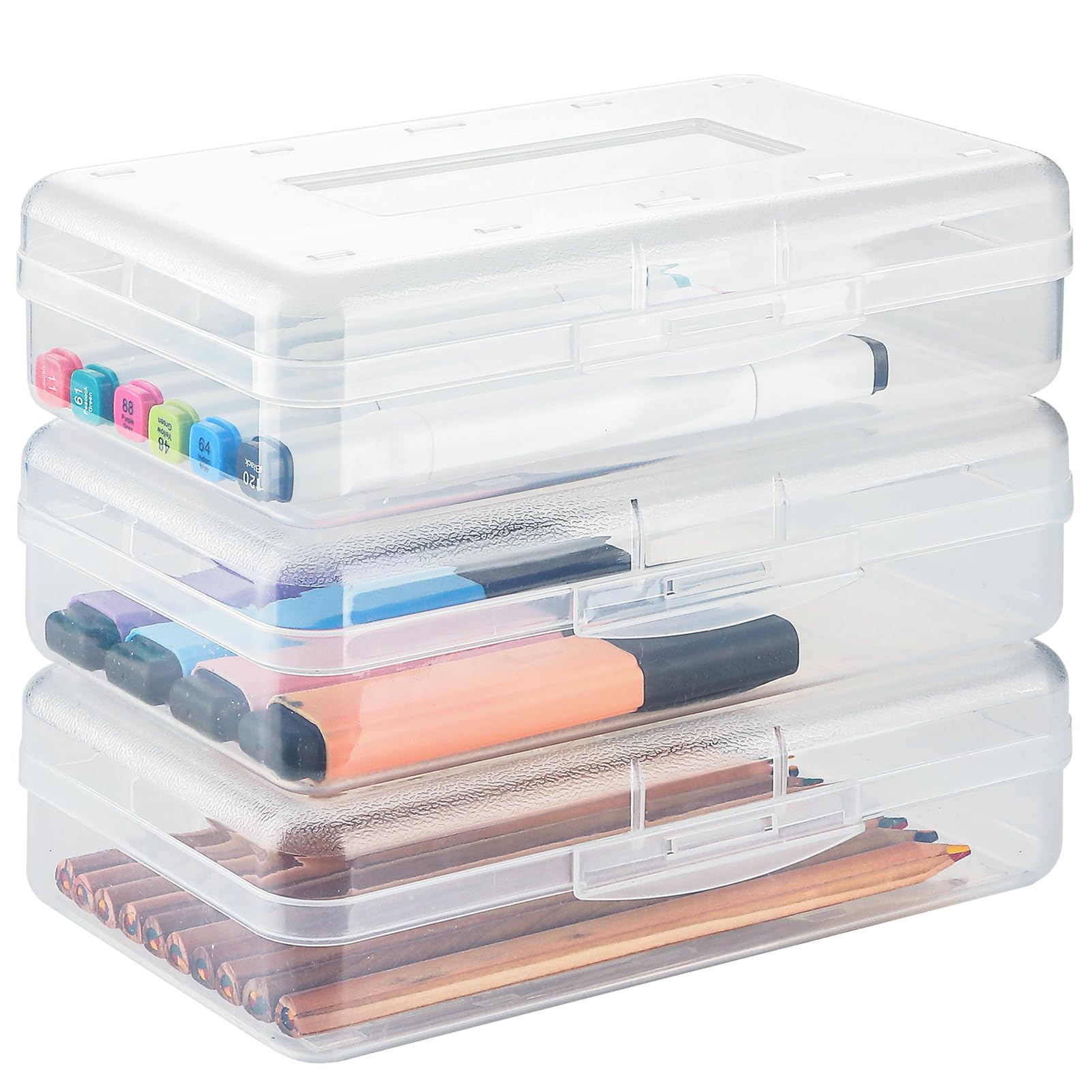 MaxGear Clear Pencil Box, 3 Pack Large Hard Pencil Case Organizer, Durable Plastic Supply Box for Crayon Brush Painting School Supplies, Stackable Design Pencil Storage Box