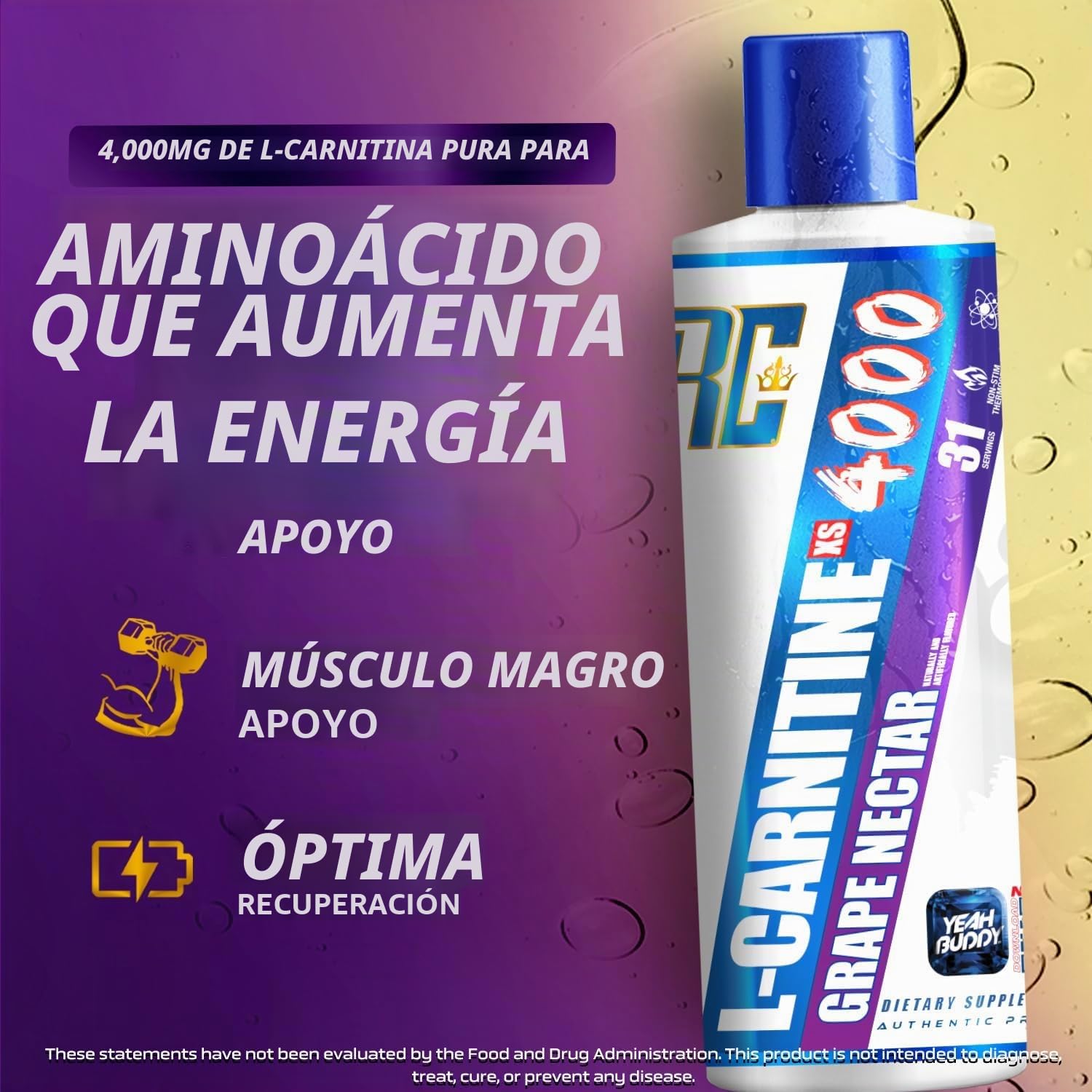 Ronnie Coleman Signature Series L Carnitine XS 4000 Líquido, sin estimulantes, sin azúcar, cero carbohidratos, soporte de fuerza muscular magra para hombres y mujeres, 16 onzas (16 onzas, néctar de uva (