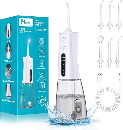 Irrigador dental de agua inalámbrico MOCEL 5 modos de irrigador oral 300ML portátil y USB C cable recargable IPX7 impermeable hilo dental Pick