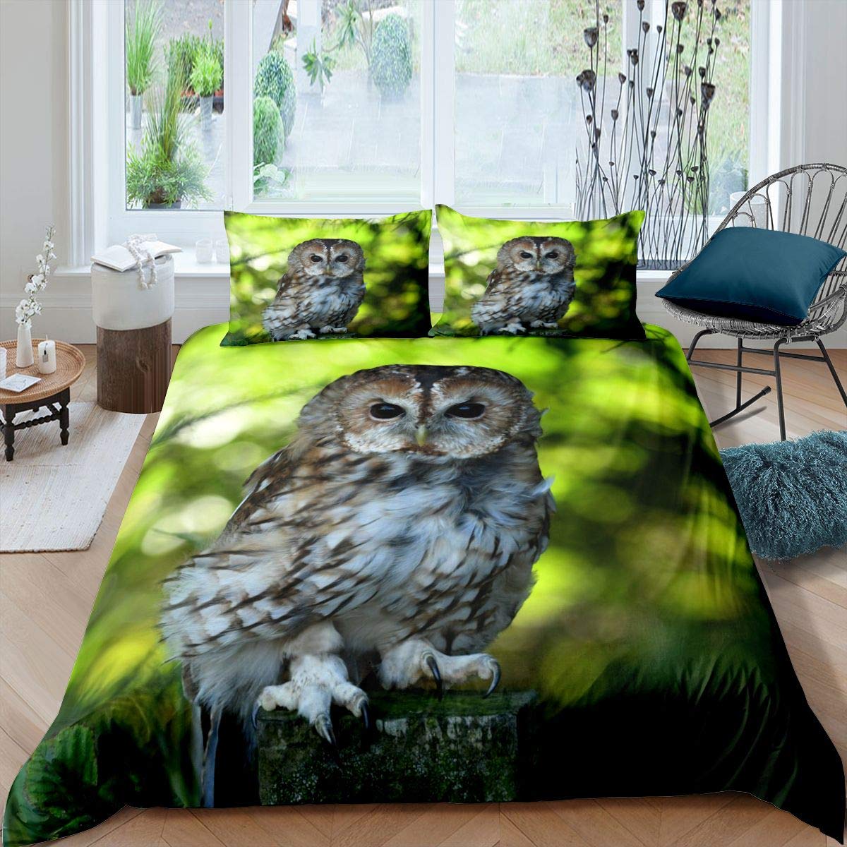 Owl Bedding Set Boho Owl Duvet Cover Set for Kids Boys Girls Boho Exotic Style Comforter Cover Tree Botanical Branches Print Quilt Cover Bedroom 3Pcs Double