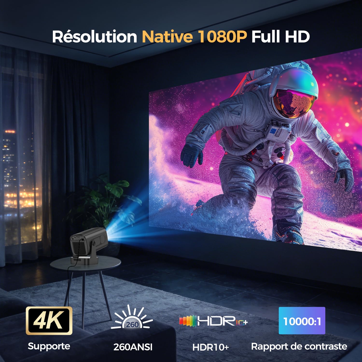 Alwtniet Videoprojecteur 4K, 1080P Mini Projecteur Video Android WiFi 6 BT 5.4, Mise au Point Automatique Correction Trapézoïdale Rotation 180° Retroprojecteur Compatibile avec HDMI/TV Stick, HY310