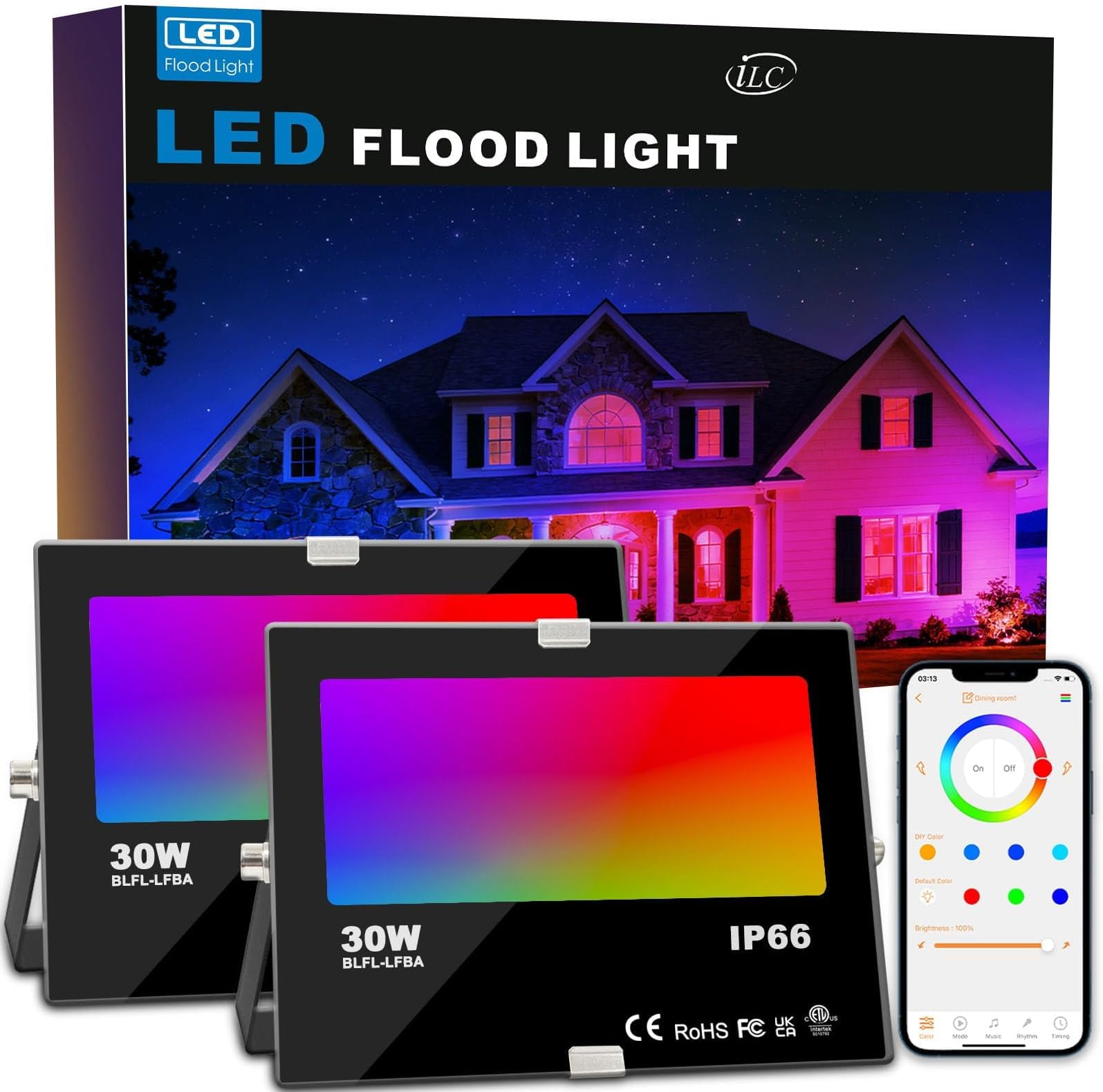 ILC LED Flood Light 30W Outdoor RGB Color Changing, Smart Floodlights RGBW 2700K Warm White & 16 Million Colors, 20 Modes, Grouping, Timing, IP66 Waterproof (2 Pack)