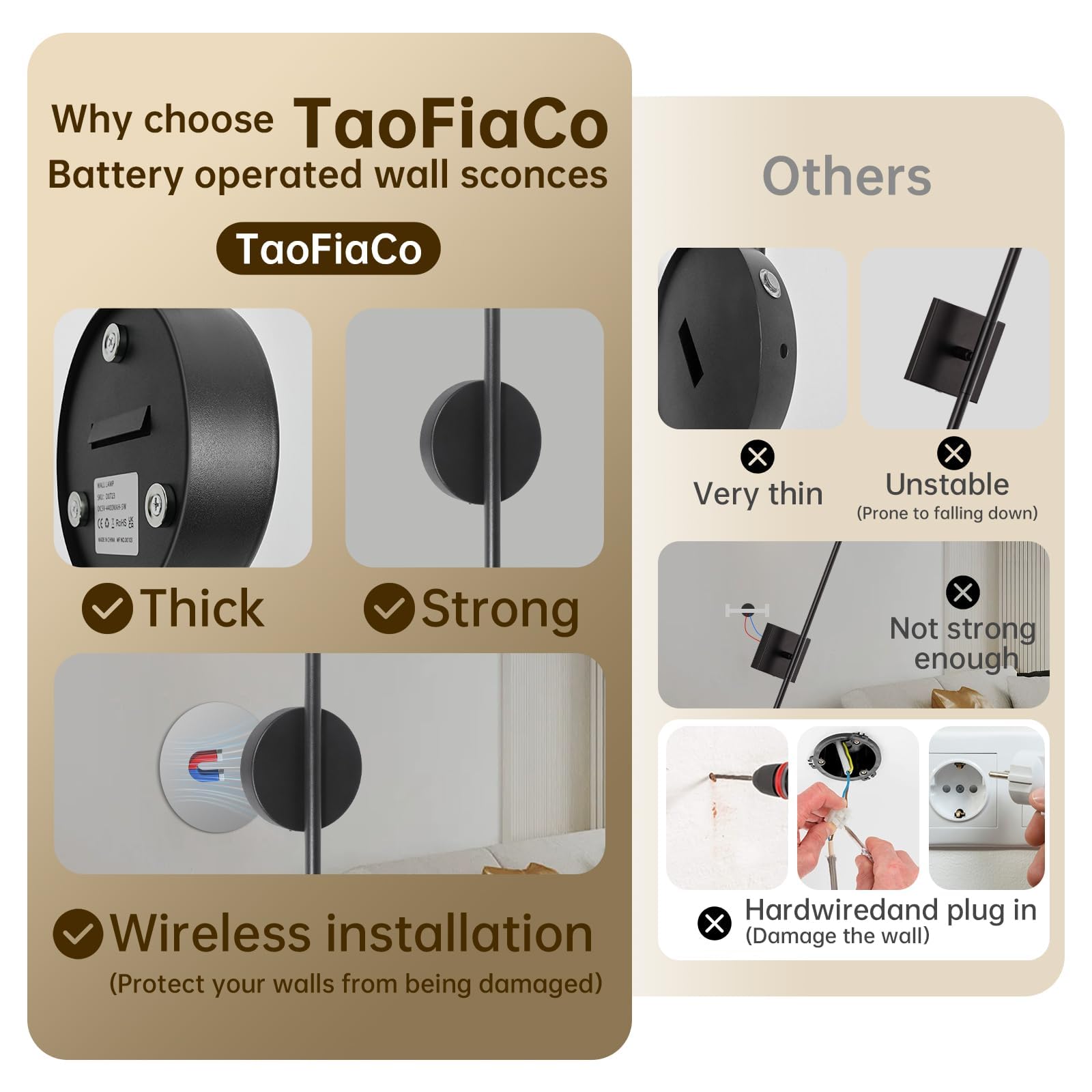 TaoFiaCo 60CM Appliques Murale LED Intérieure Noir Lot de 2 - Lampe Murale sans Fil 3 Températures de Couleur - Luminaire Mural à Batterie avec Télécommande pour Chambre à Coucher Salon Salle à Manger