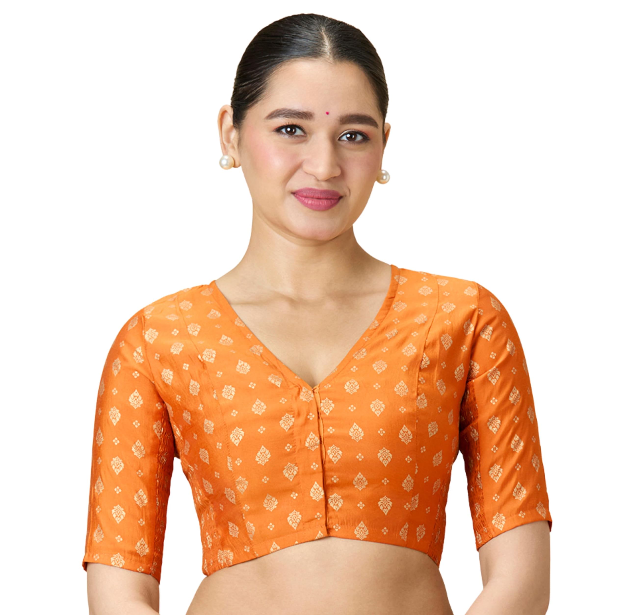 studio shringaar Women's Cotton Silk Gold Foil Printed Stretchable (Smocked) Readymade Saree Blouse-picture-36