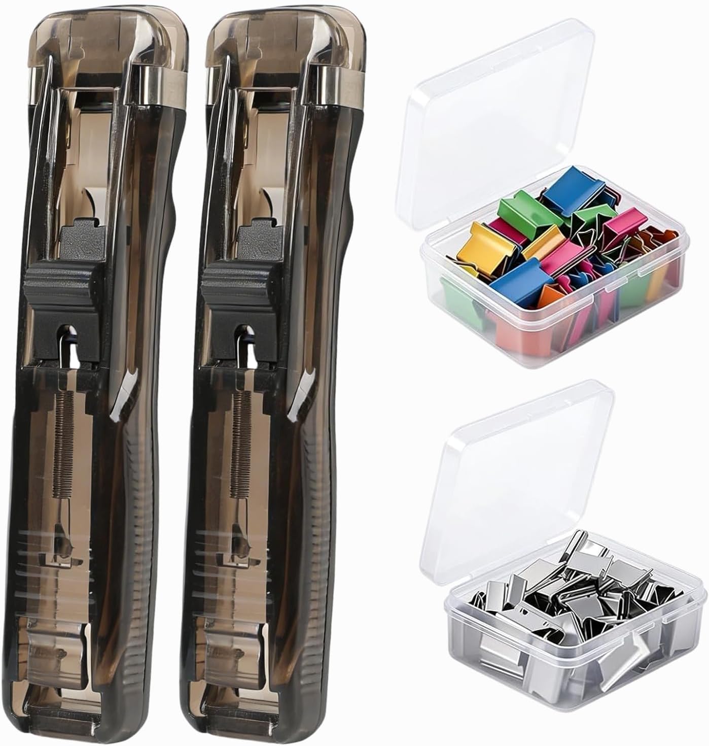 2PCS Portable Binder Clip Stapler, Includes 100 Reusable Clips, Handheld Push Clam Clip Dispenser for Document Organization, No-Hole Paper Clamps for Office School Home Desk Supplies