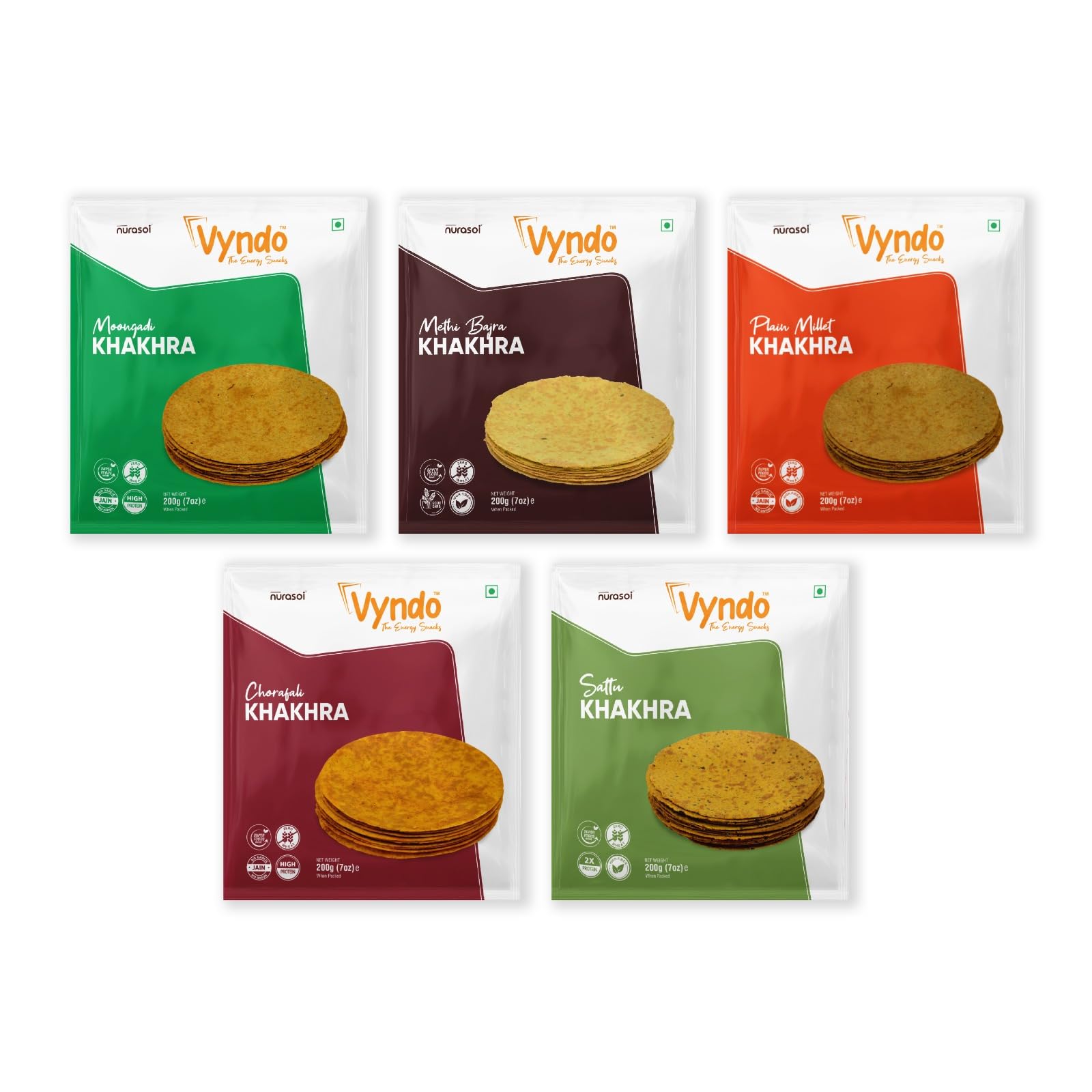 VYNDO All Khakhra Combo Of 5 Pack (200 Gm Each), High Protein And Fiber, Gluten Free, Healthy Snacks Kids And Adults, Millet (Methi Bajra, Moongdi, Plain Millet, Chorafarli, Sattu Khakhra) (B0CZLPRHDS) Amazon Price History, Amazon Price Tracker