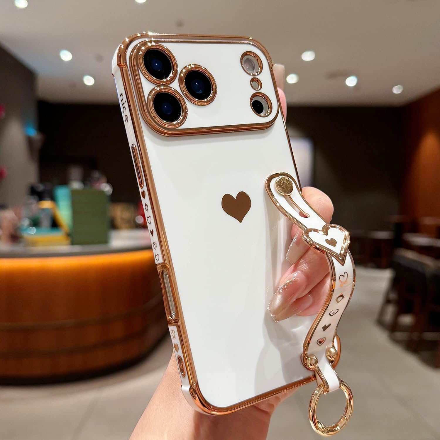 Compatible with iPhone 17 Pro Case with Strap for Women Girls [2× Screen Protectors], Cute Love-Hearts Design, Wristband Kickstand Plating Edge Protective Phone Case (6.3") - White - Image 2