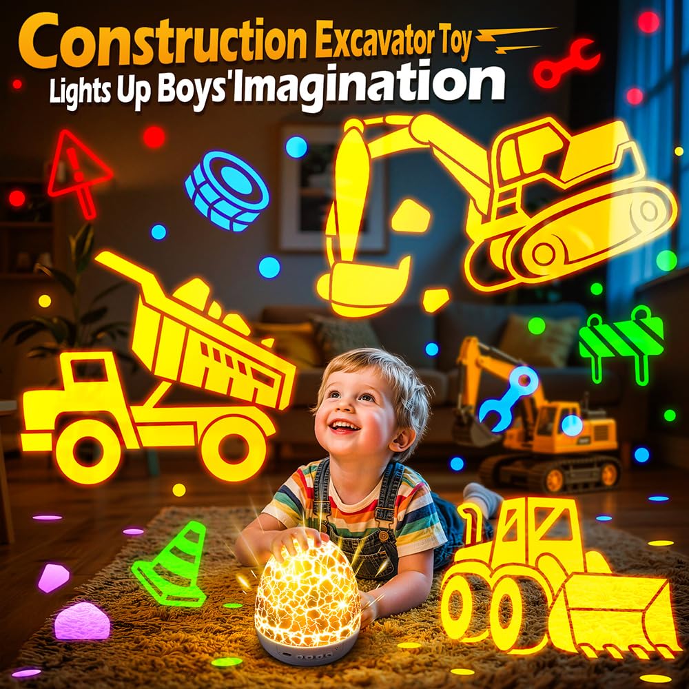 Staryou Kinder Projektor Bagger Spielzeug Mit 3 LKW-Filmen & 186 Lichteffekten, Top Auto Spielzeug für junge LKW-Fans, Geschenke für 4 jährige jungen, Nachtlicht Kinder