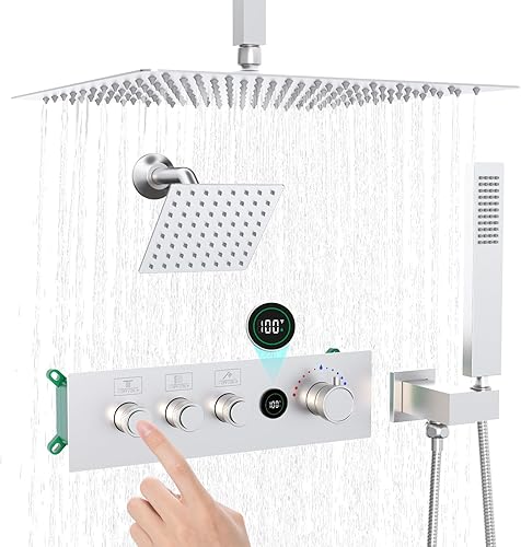 Miniatura 10 de Enga Ducha de lluvia de 16 pulgadas con chorros, sistema de ducha termostático con rociadores corporales, grifo de ducha de metal, todos los