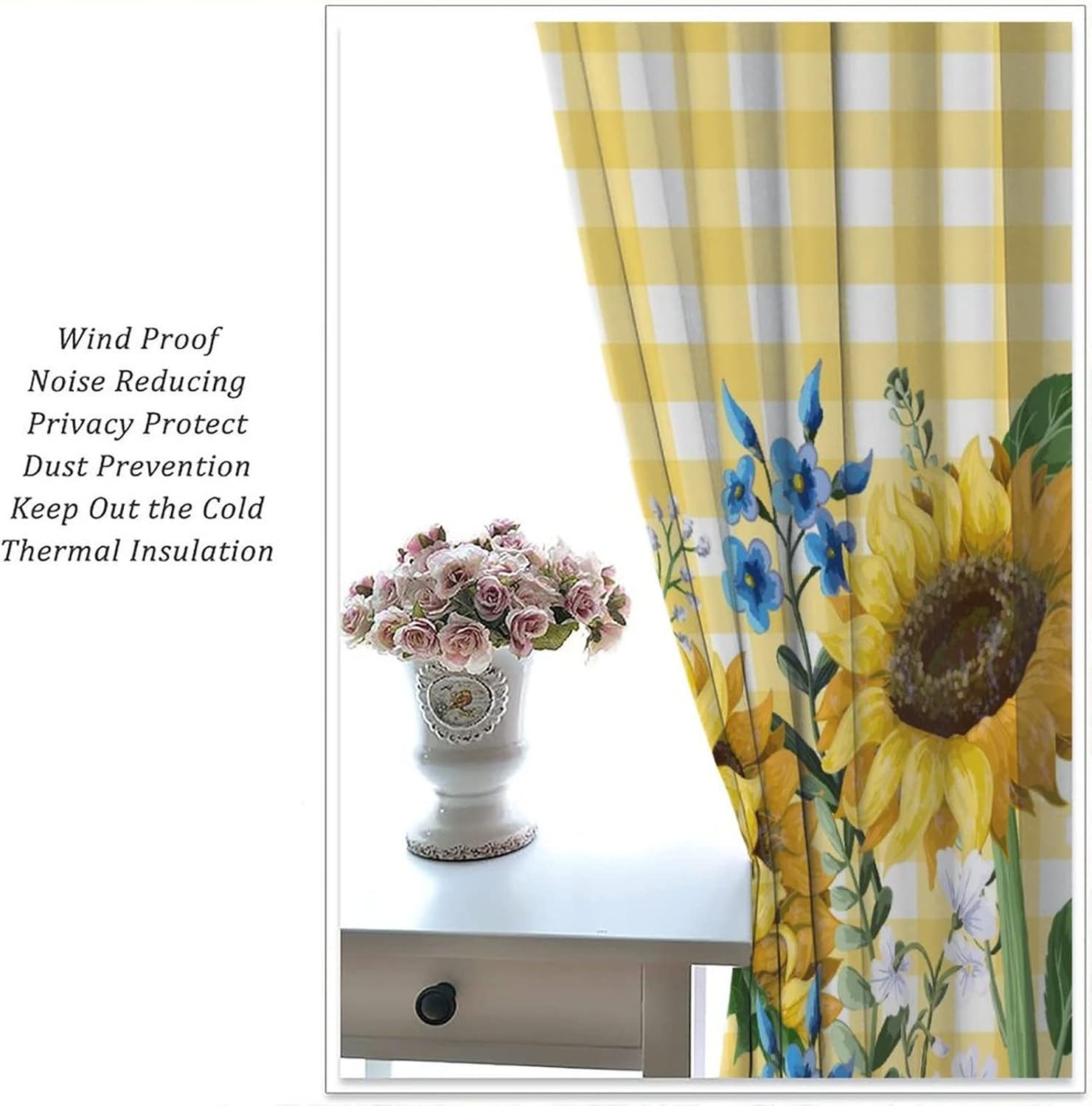 Sunflower Blackout Curtains Spring Beautiful Floral Bright Yellow White Buffalo Check Plaid Colorful Rustic Art Print for Living Room Bedroom Kitchen Decor Rod Pocket Window Drapes 2 Panels 42x45in