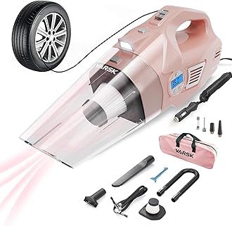 VARSK 4-in-1 Car Vacuum Cleaner High Power, Presents for Her Women Girls Mom, Pink Handheld Car Vacuum Portable Tire Inflator with Digital Tire Pressure Gauge LCD Display and Light, 12V DC, 15FT Cord