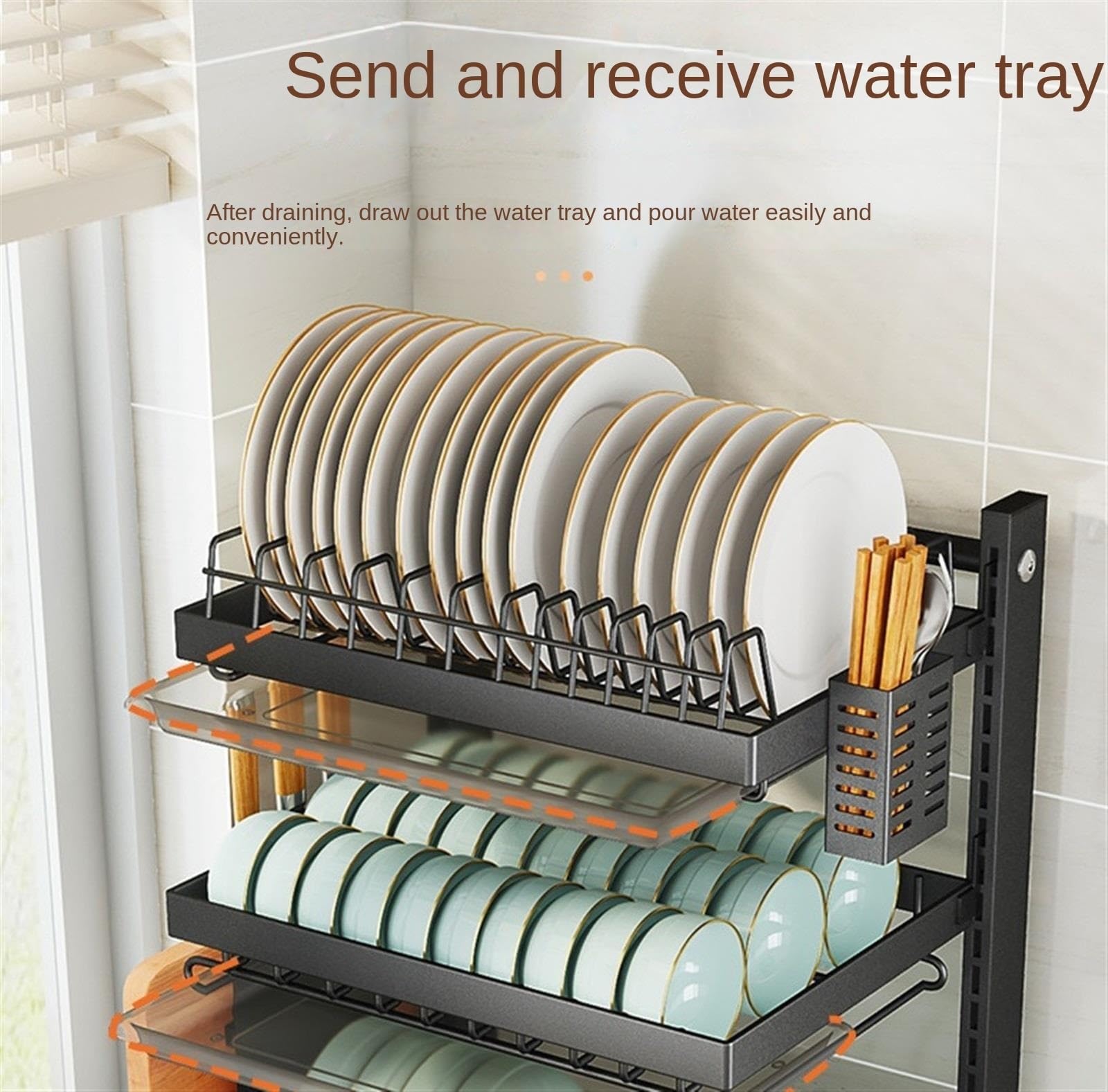 Escurreplatos Escurridor De Platos Mostrador, Rejilla Secado con Soporte para Cuchillos, Estante para Utensilios, Secadora 3 Capas Organización Cocina