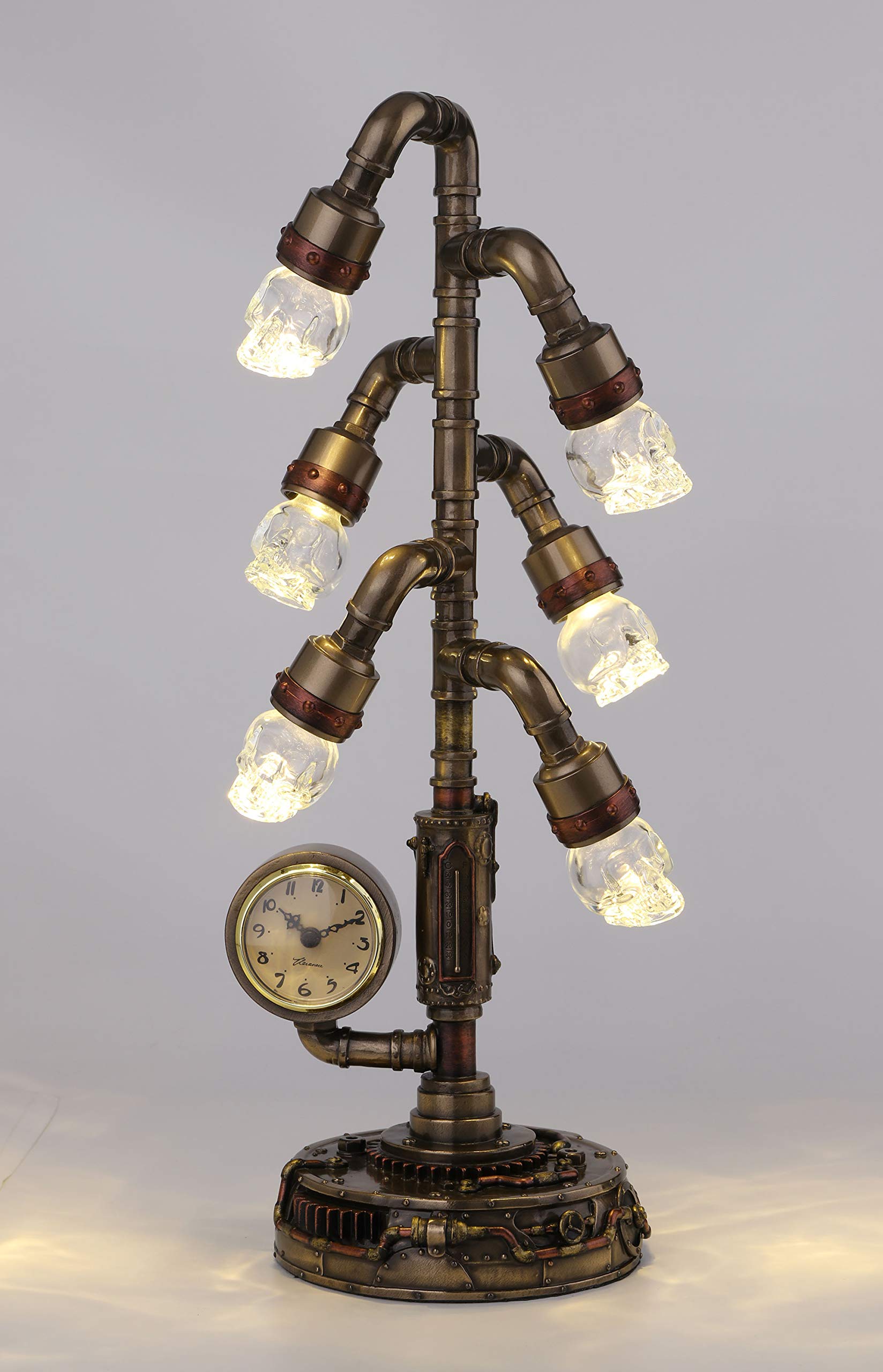 Veronese Design 17 Inch Steampunk Six Branch Clock Stand Lamp Light Crystal Skull Bulb LED Lighting Antique Bronze Finish