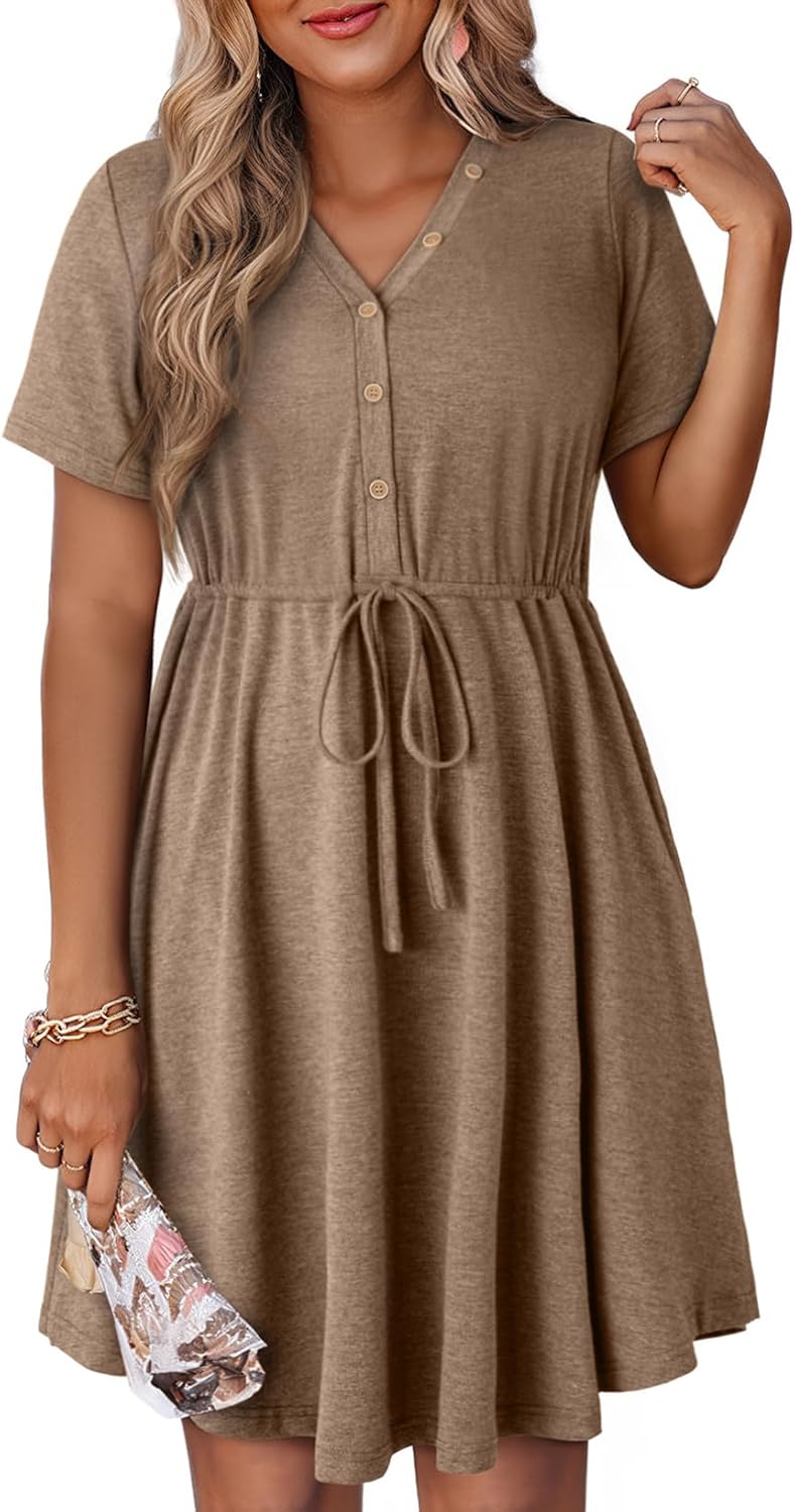 Dokotoo Womens Spring Summer Dresses 2026 Casual Tunic Dress Short Sleeve V Neck Flowy Swing Mini Shift Dress