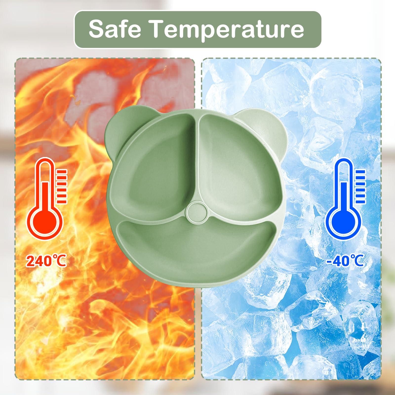 Coffret Repas Bébé 11 pièces Silicone Antidérapant avec Ventouse Assiette Bol Fourche Cuillère Bavoir Tasse Sans BPA Vert foncé