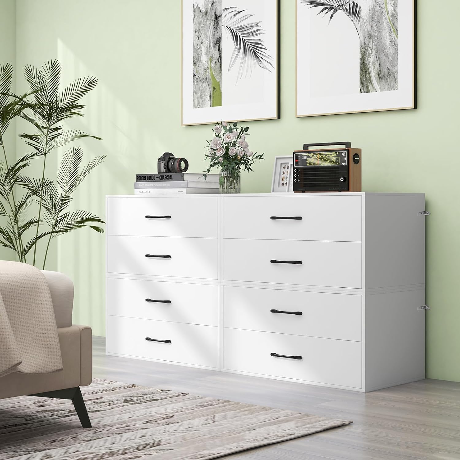 GIANTEX Cajonera de Almacenamiento con 2 Cajones, 60 x 34 x 38 cm, Armario Bajo de Madera, con Kit Antivuelco, Cómoda para Salón, Dormitorio (Blanco)
