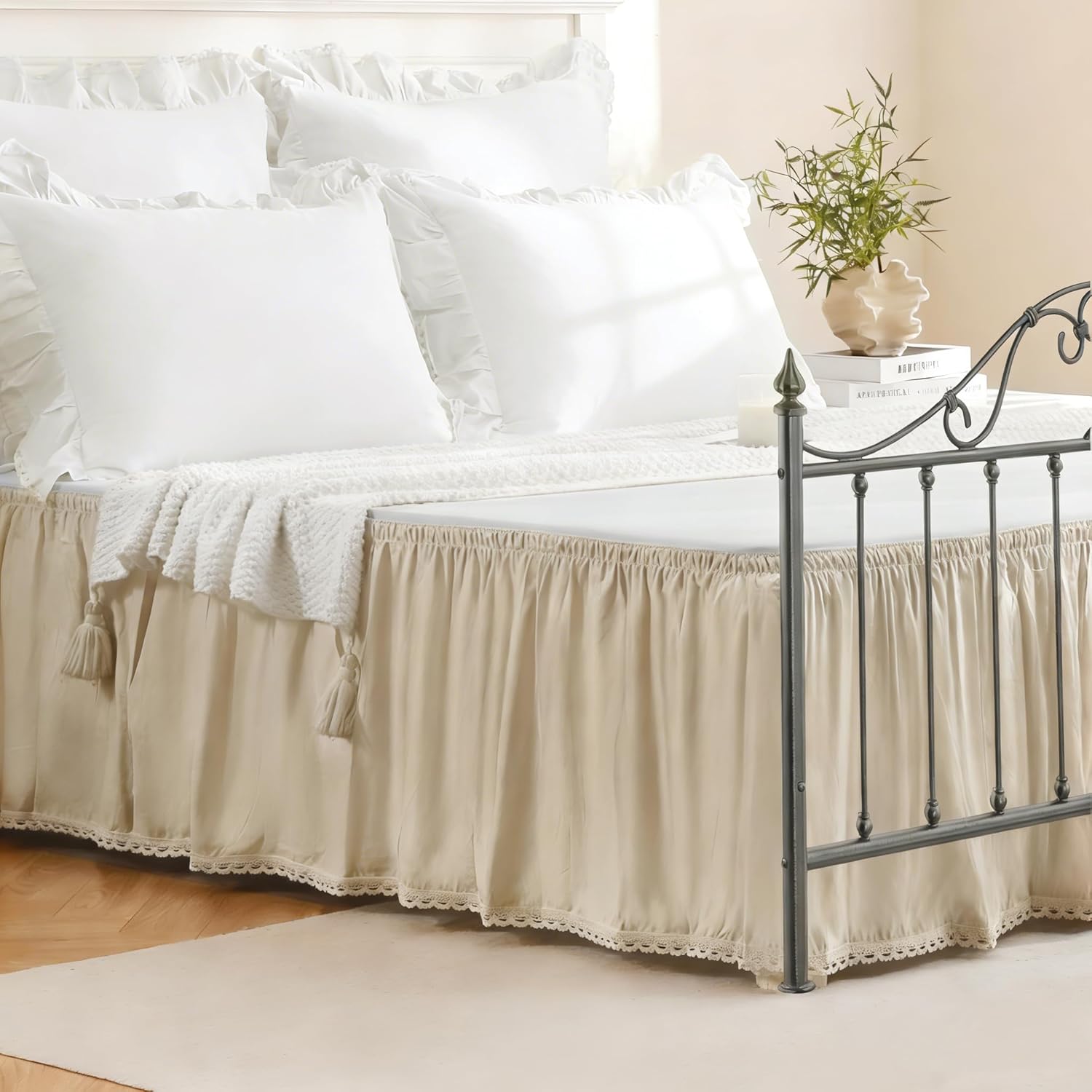 Crochet Edge Lace Wrap Around Dust Ruffle, Beige Lightweight Cotton Ruffled Bed Skirt with Split Corners, Twin Size 18" Drop with Elastic Strap, Easy Fit