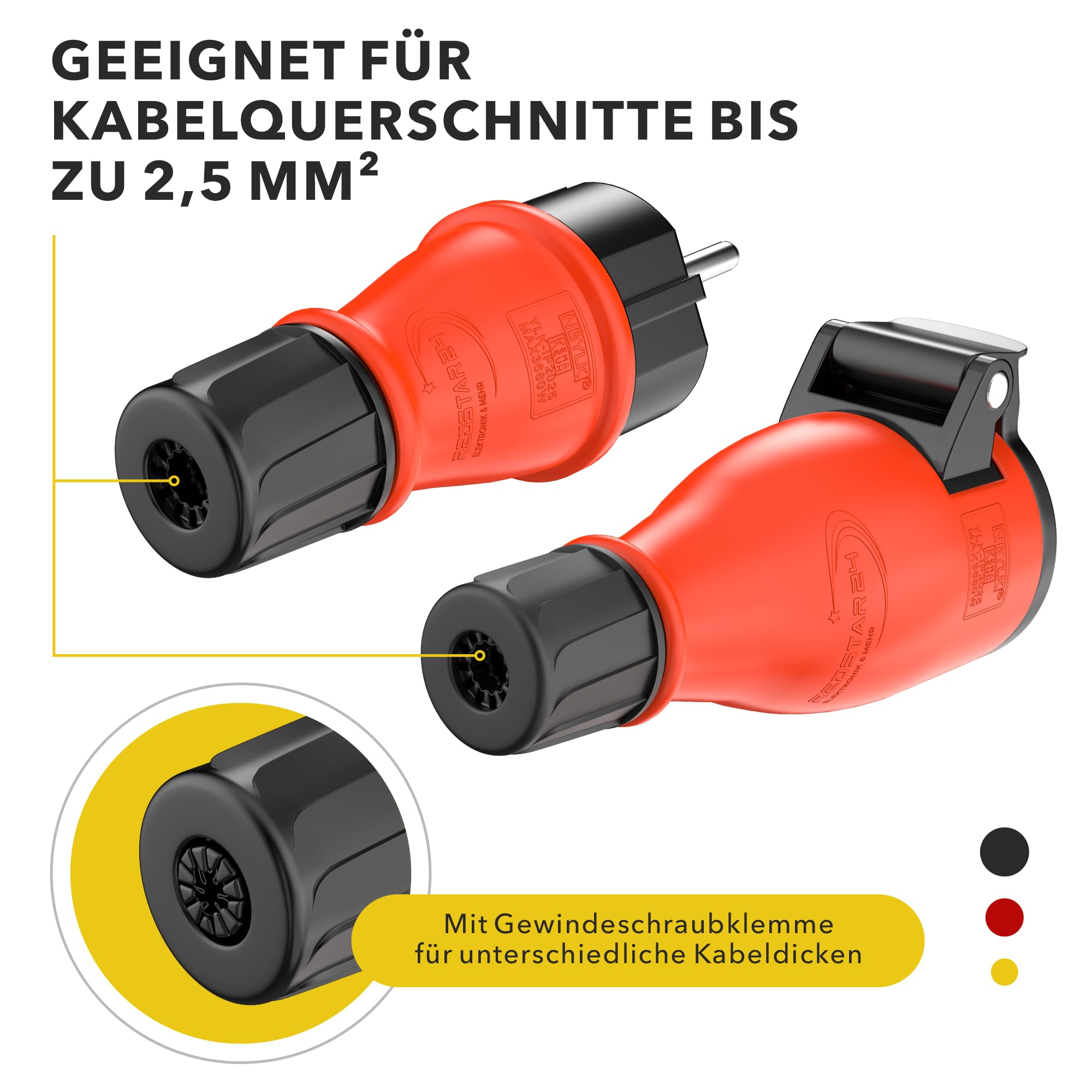 Set di spine e giunti in gomma Schuko / presa IP54 | Prolunga | gomma e plastica | per esterni / esterni | chiusura ermetica con sigillo, azionamento a una mano (Set, IP54)