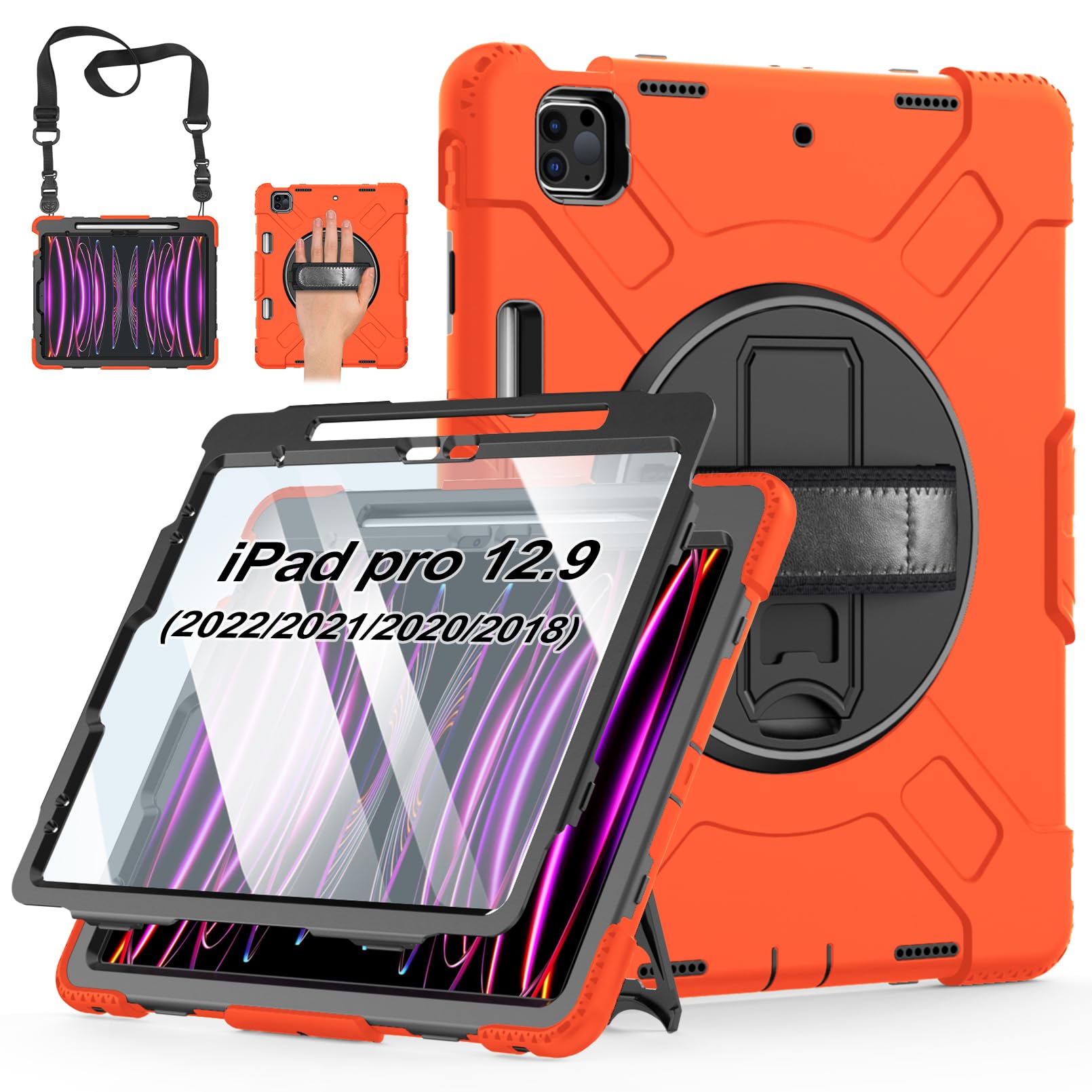 Case for iPad Pro 12.9 2022/2021/ 2020/2018: Cover for iPad Pro 12.9 6th/ 5th/ 4th/ 3rd Generation with Screen Protector- Stand- Pencil Holder- Handle