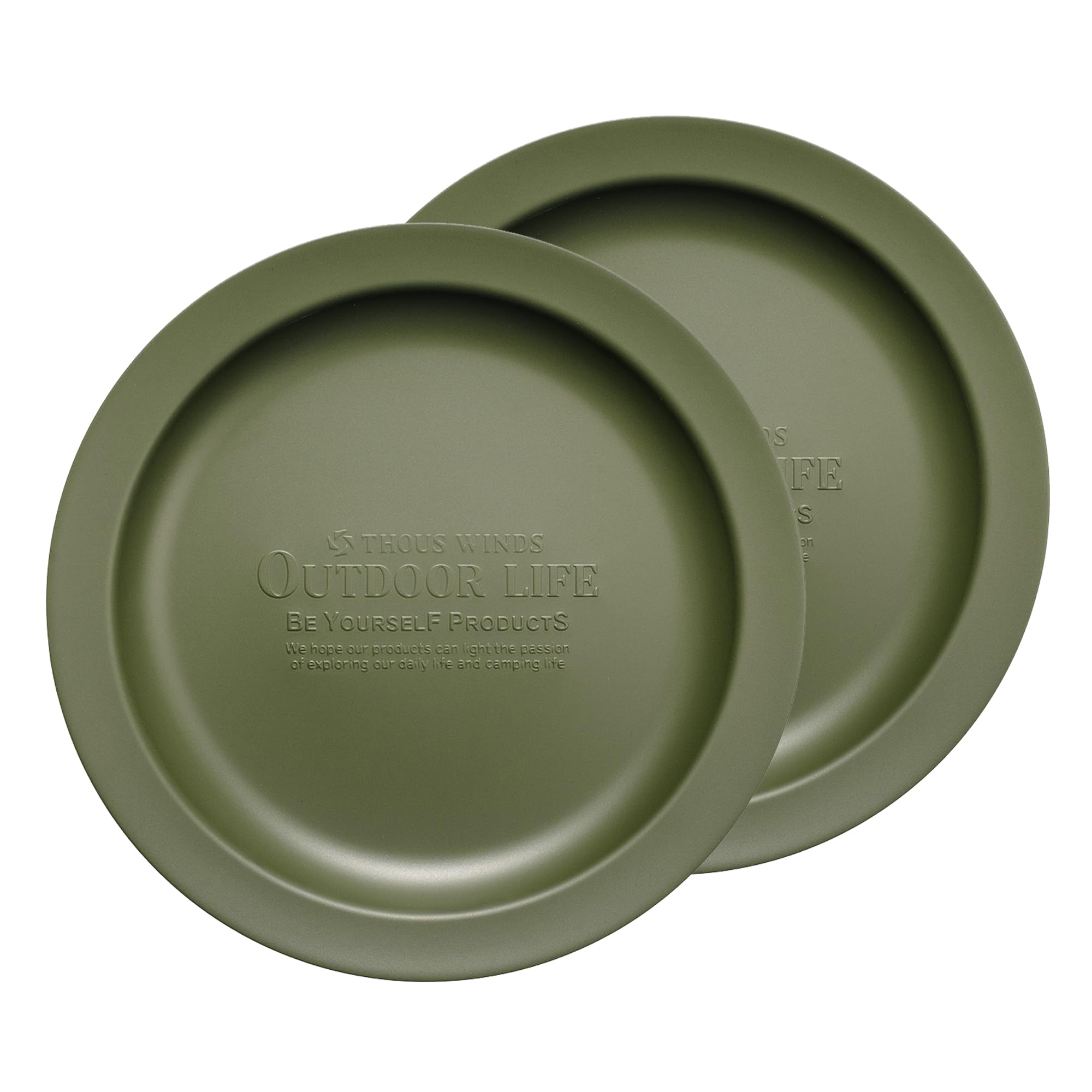 Thous Winds Edelstahl Teller Rund, 2er-Set Edelstahl Rundes Geschirr, Φ22cm Leichte Camping Geschirr Essteller Speiseteller, Robuster Edestahlteller für Outdoor, Picknick, Wandern, Küche - Olivgrün