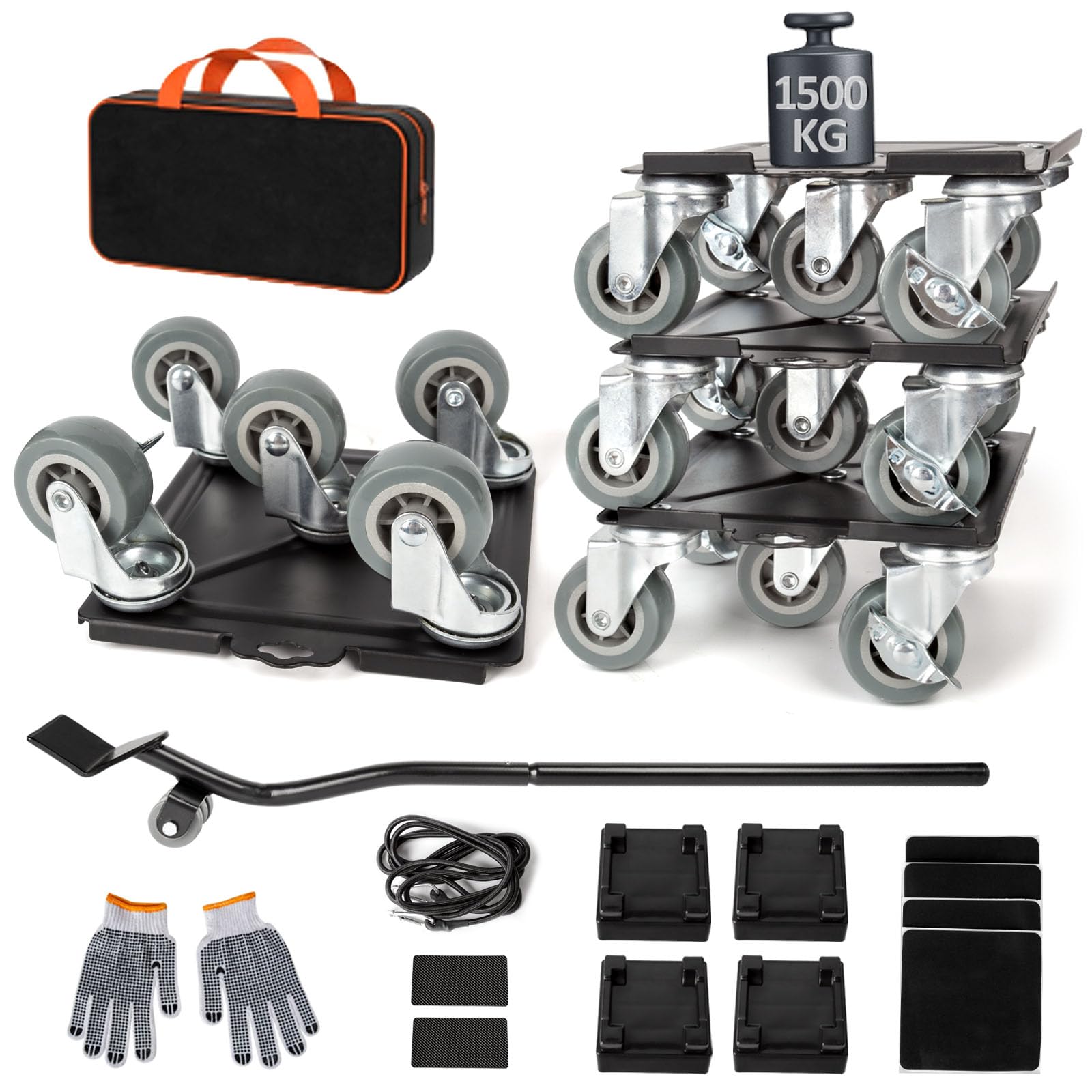 Kit Sollevatore Mobili, Spostare Mobili Pesanti, Kit Spostamento Mobili con Funzione di Parcheggio, Carico 1500 kg, con 5 Ruote Girevoli 360° per Spostamento Facile dei Mobili Grigio