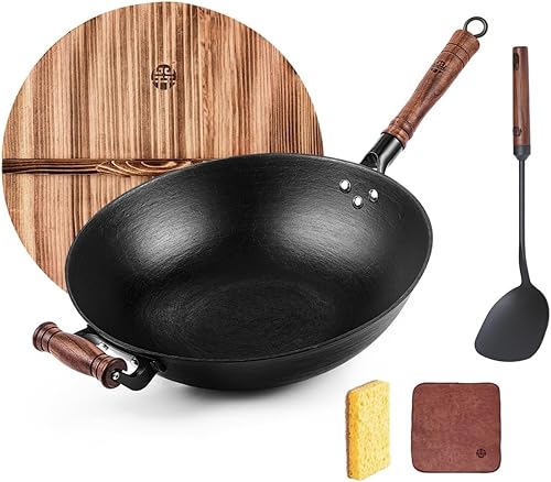 WANGYUANJI Wok de hierro fundido con fondo redondo de 12.5 pulgadas con espátula de hierro tradicional