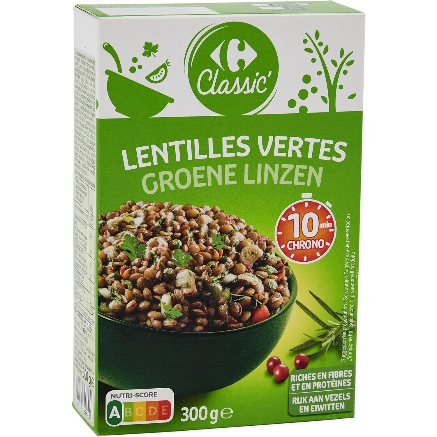 CARREFOUR CLASSIC' - Lentilles Vertes Précuites Riches en Fibres et en Protéines - la boite de 300g - Le Lot De 4