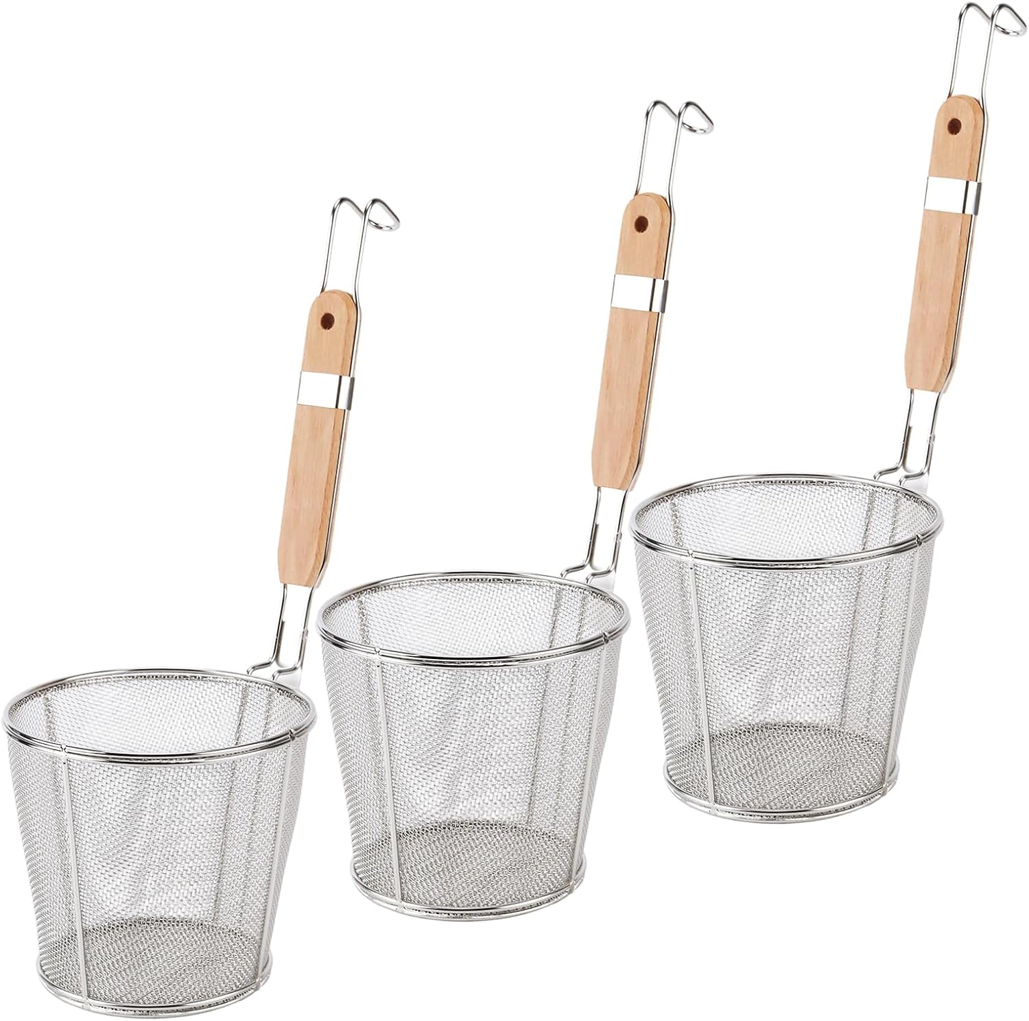 FUNSUEI 3 Pack Pasta Strainer Basket, Stainless Steel Mesh Spider Skimmer with Wood Handle for Boiling, Frying, Kitchen Fine Food Strainer for Pasta, Noodles, Dumplings, Soup (5.4''D x 4.9''H)