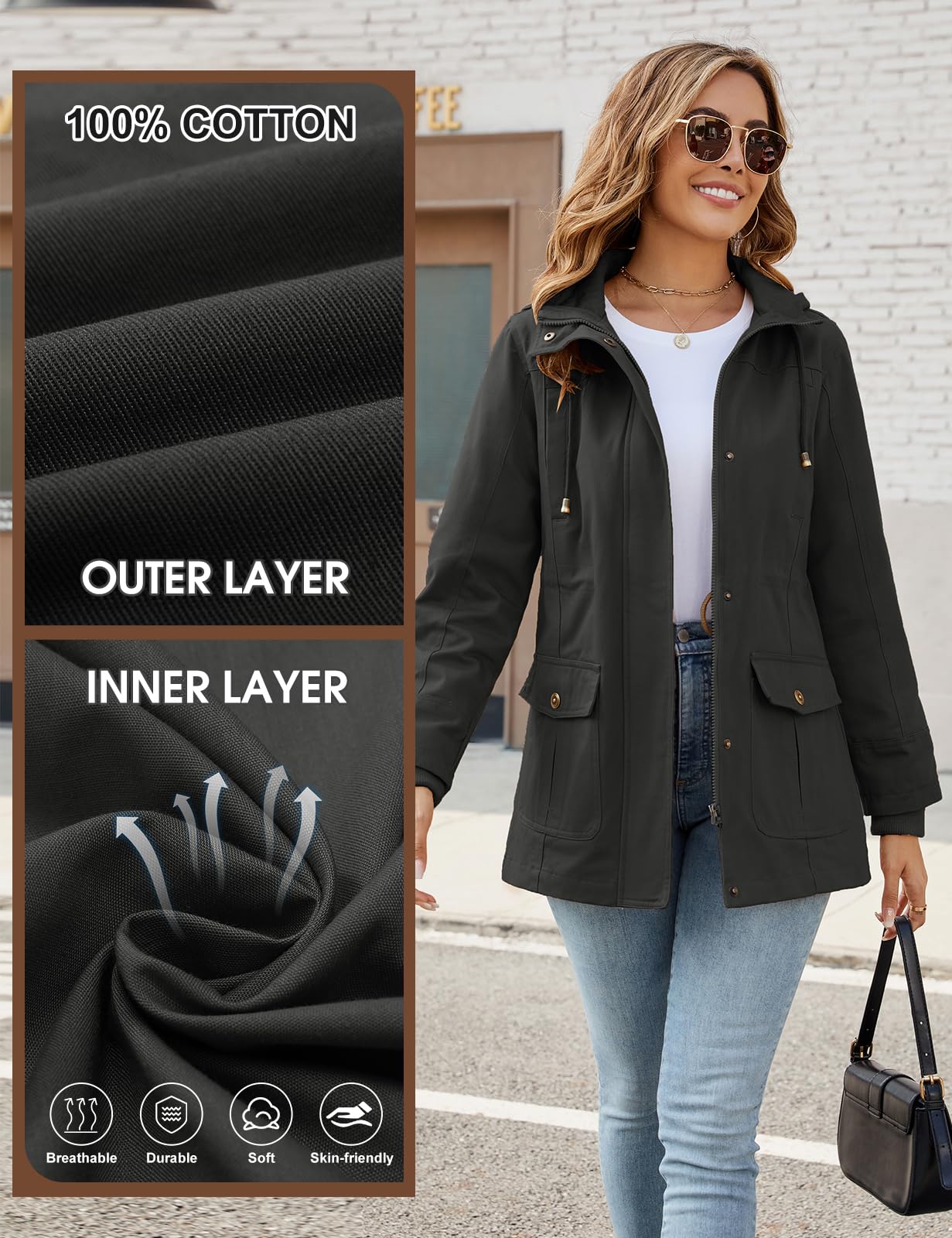 Vancavoo Veste Femme mi Saison Manteau Printemps Parka en Coton Blouson avec Capuche Légères et Décontractées Jacket Coat Classique Automne Hiver Outwear