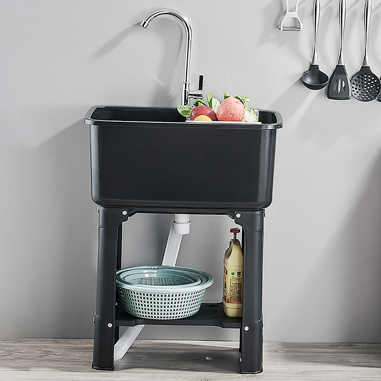 HCZKIUJY Kitchen Utility Sink,Commercial Sink Plastic Utility Freestanding Laundry Drainer Kitchen Restaurant Storage Shelf with Faucet for Outdoor Indoor Garage Laundry/Utility R(Black-40x60x76.5cm)