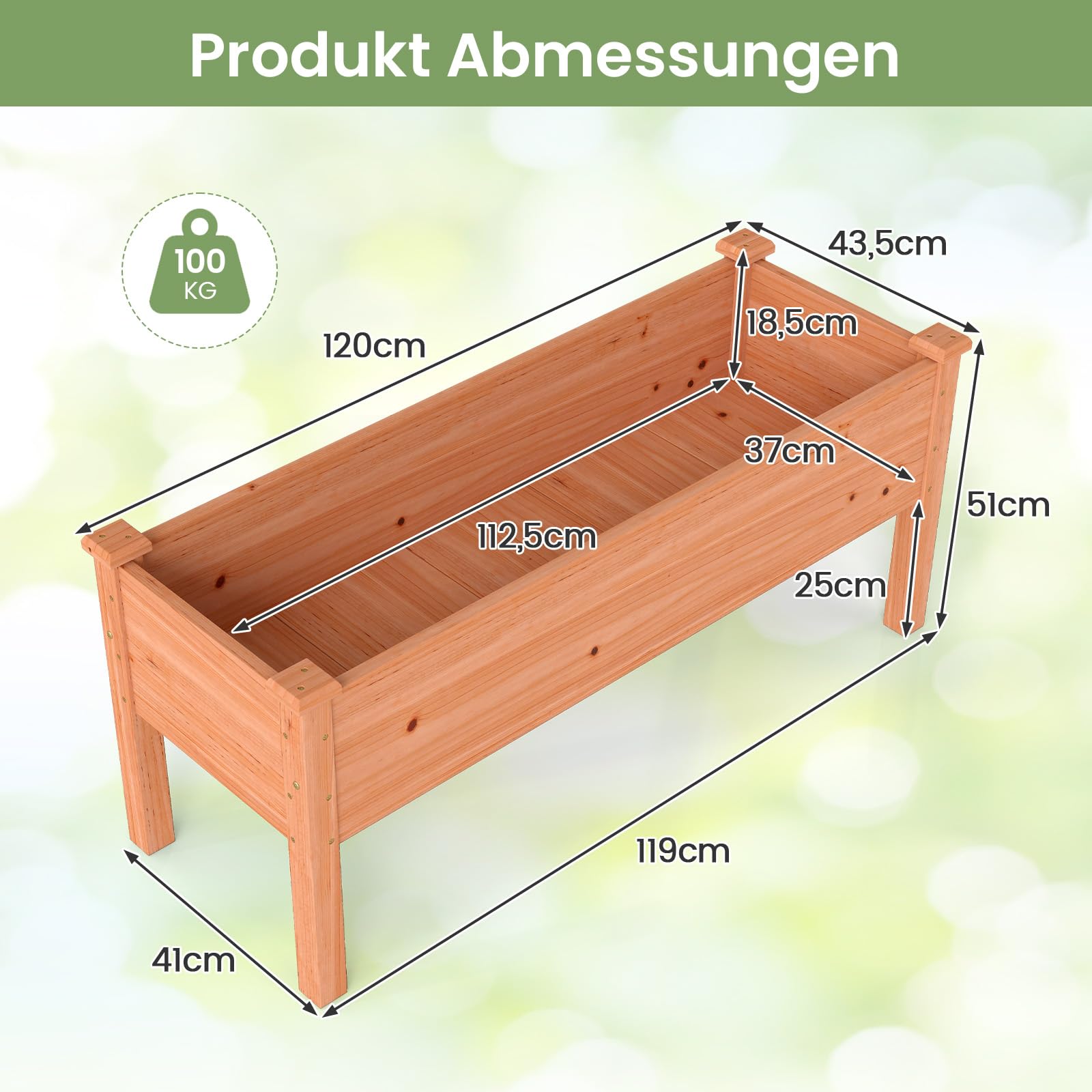 COSTWAY Podwyższona grządka dla dzieci, 120 x 43,5 x 51 cm, obciążenie do 100 kg, donica na kwiaty z otworami odpływowymi, prostokątna grządka na zioła, do ogrodu, na taras, balkon, pomarańczowa