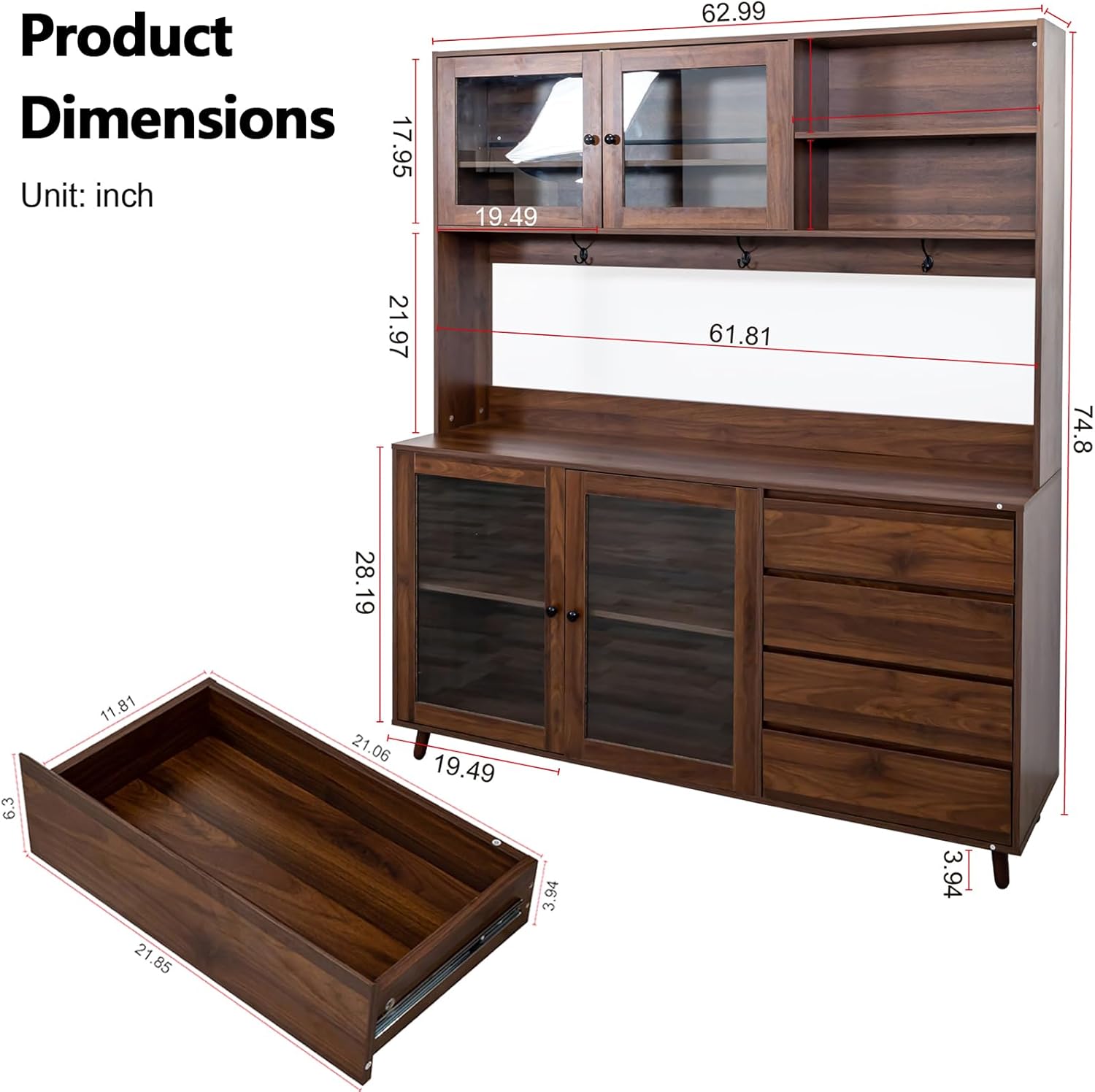 63” Kitchen Pantry Cabinet with Microwave Shelf & Countertop, Freestanding Storage Kitchen Hutch with Drawers & Glass Doors for Dining Room, Wooden Structure, Modern (Walnut)