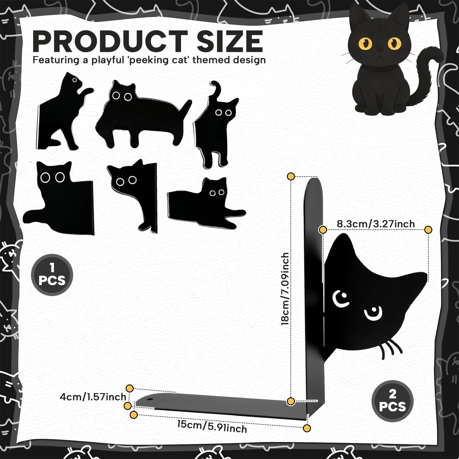2 Piezas Sujeta Libros Estanteria Gato, Apoyalibros Negro Antideslizante con Marcapaginas, Soporte Libros Estanteria Metal para Estudiantes, Oficina y Amantes Lectura