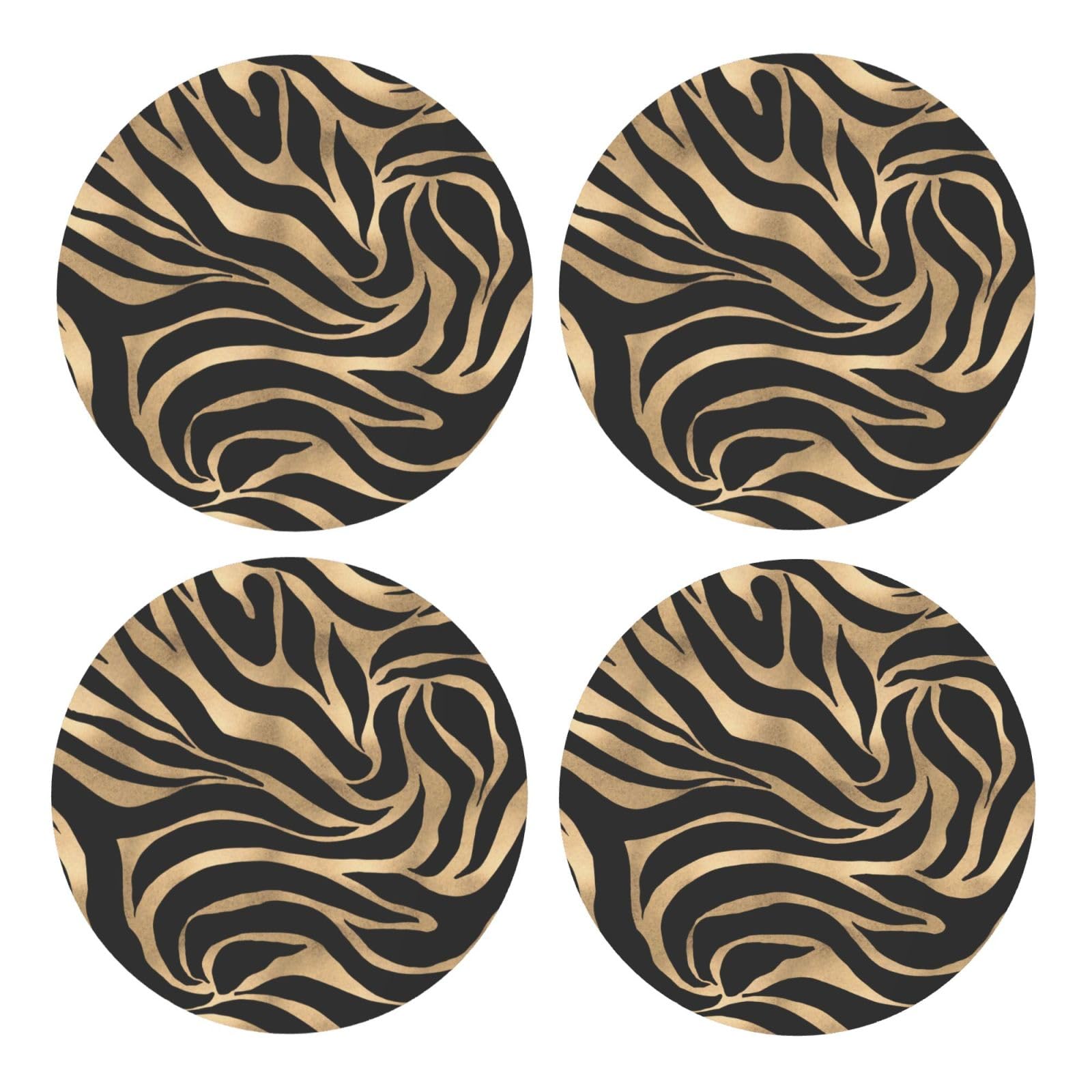 Yxdvpalne As Picture Elegant Metallic Gold Zebra Black Animal Print,Round Mdf Cork Coasters, Mugs Pad, Cups Mat Set Of 4 Drinks Coasters