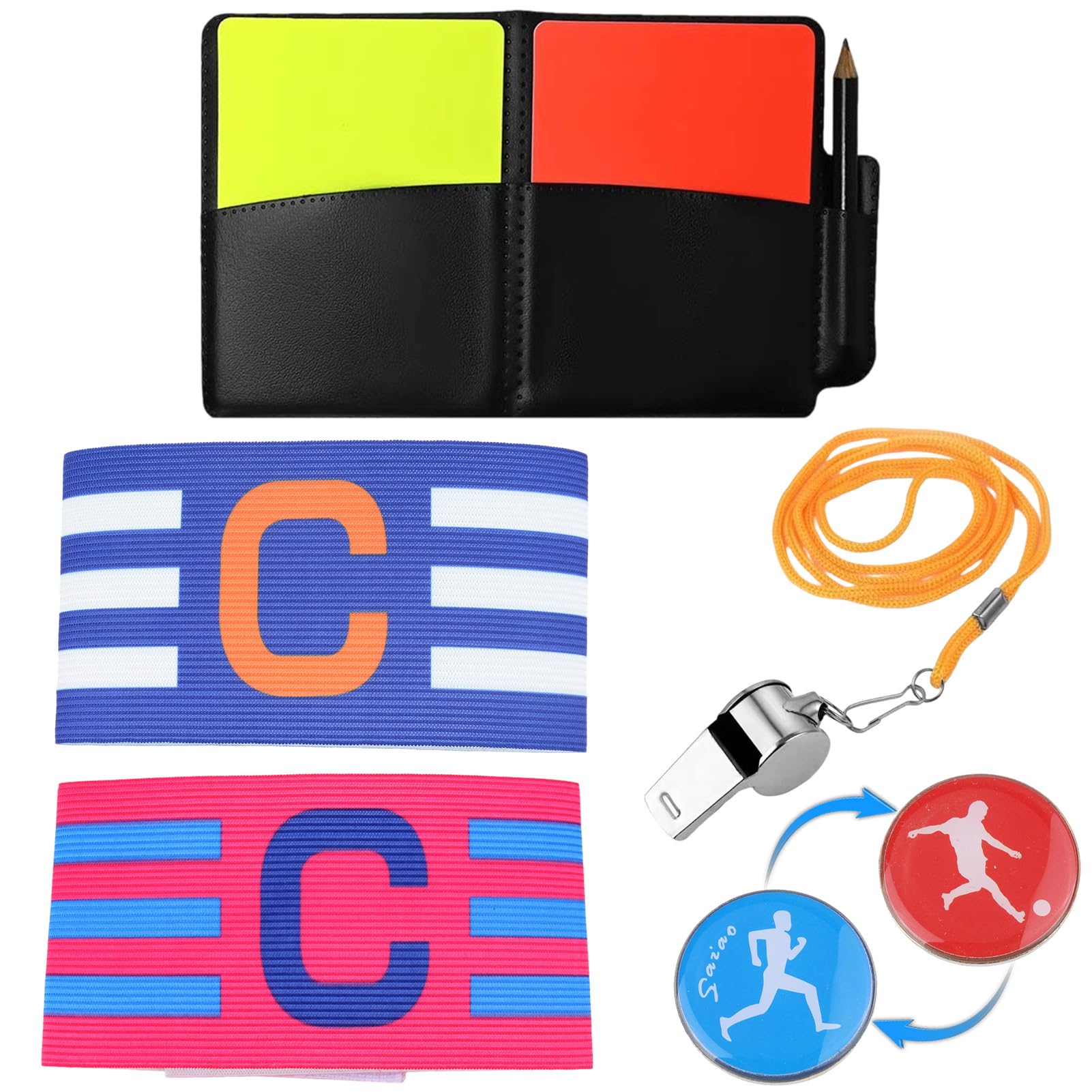 Tarjetas Árbitro de Fútbol PVC Rojas y Amarillas con Silbato, Libro de Puntos, Brazaletes de Capitán