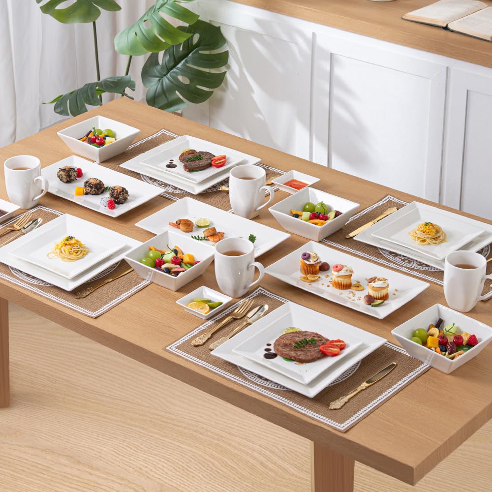 Porlien 24-teiliges klassisches quadratisches Geschirr-Set für 6 cremefarbene Teller