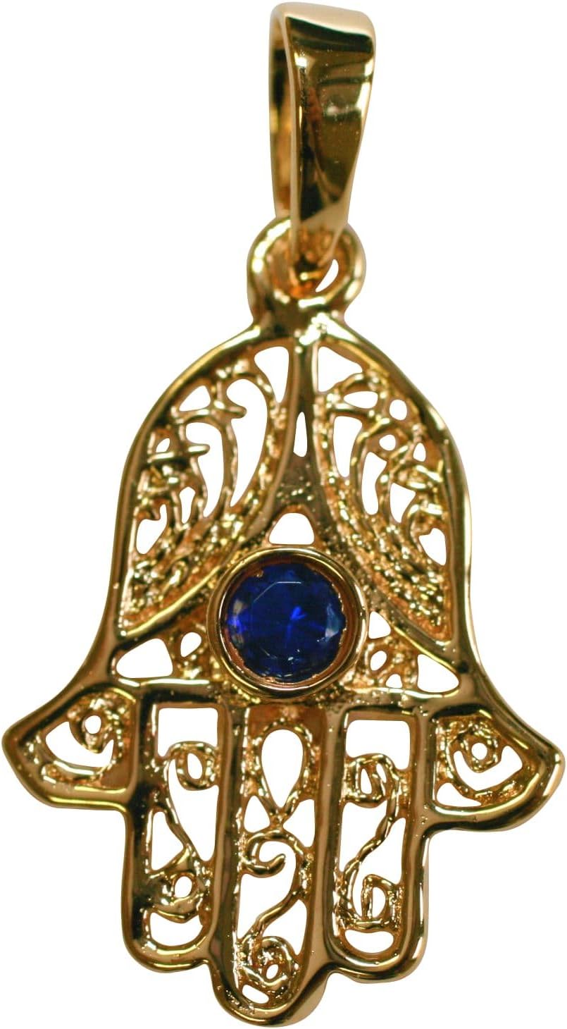 So Chic Jewels - 18k Gold Plated Blue Cubic Zirconia Fatima's Hand Khamsa Pendant