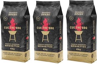 CUE THE BBQ Exclusive 12kgs of Extra Large Premium Hardwood Charcoal Briquettes. Low Smoke, Clean Burn, Natural, Sustainably Sourced, Perfect for Grilling, BBQ & Smoking (3 x 4kg). Charitable Cause