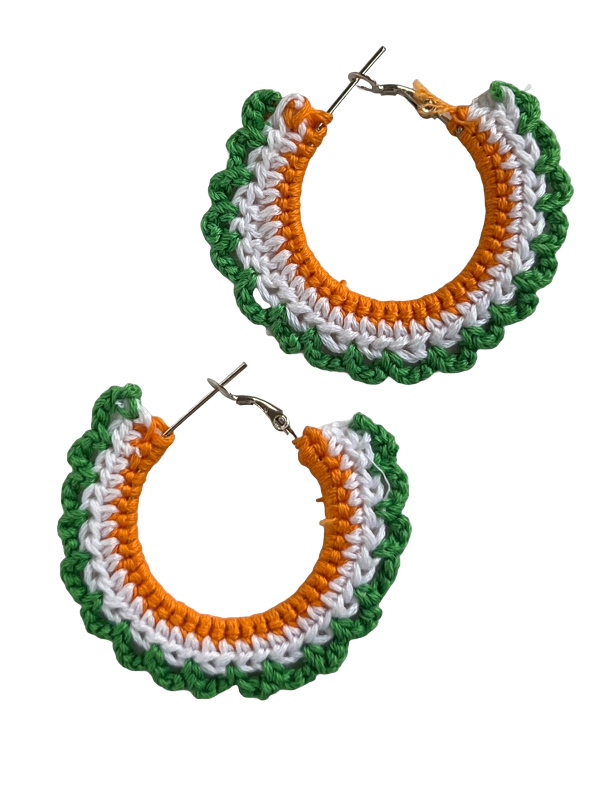 Handcrafted Tricolour Crochet Hoop Earrings, Orange White Green, Traditional Indian Design-image-43