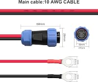 2-Pin IP68 Vízálló Repülőgép Csatlakozó O-Kapocs Kábel 10AWG - Hordozható Töltőállomásokhoz, Akkumulátorokhoz, 1m Hosszú, Piros/Fe 2