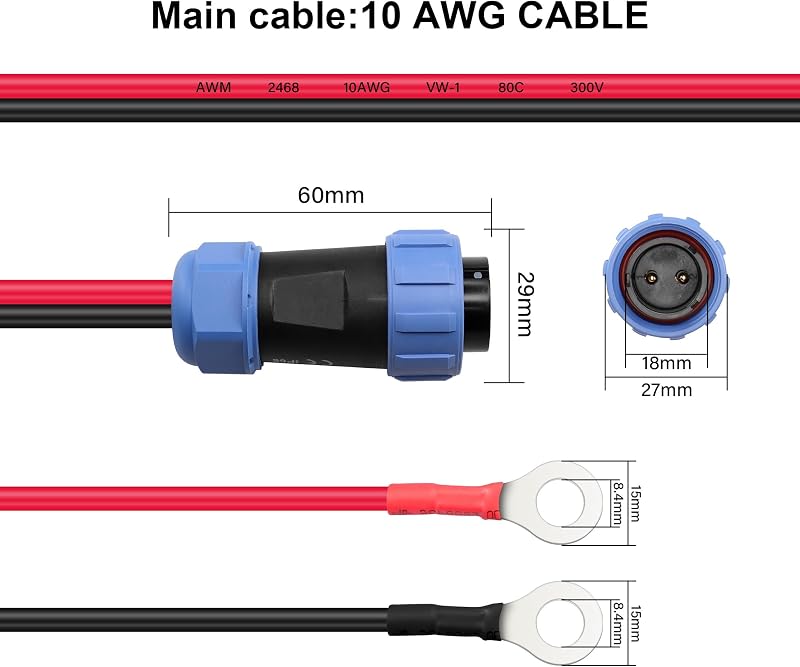 2-Pin IP68 Vízálló Repülőgép Csatlakozó O-Kapocs Kábel 10AWG - Hordozható Töltőállomásokhoz, Akkumulátorokhoz, 1m Hosszú, Piros/Fe