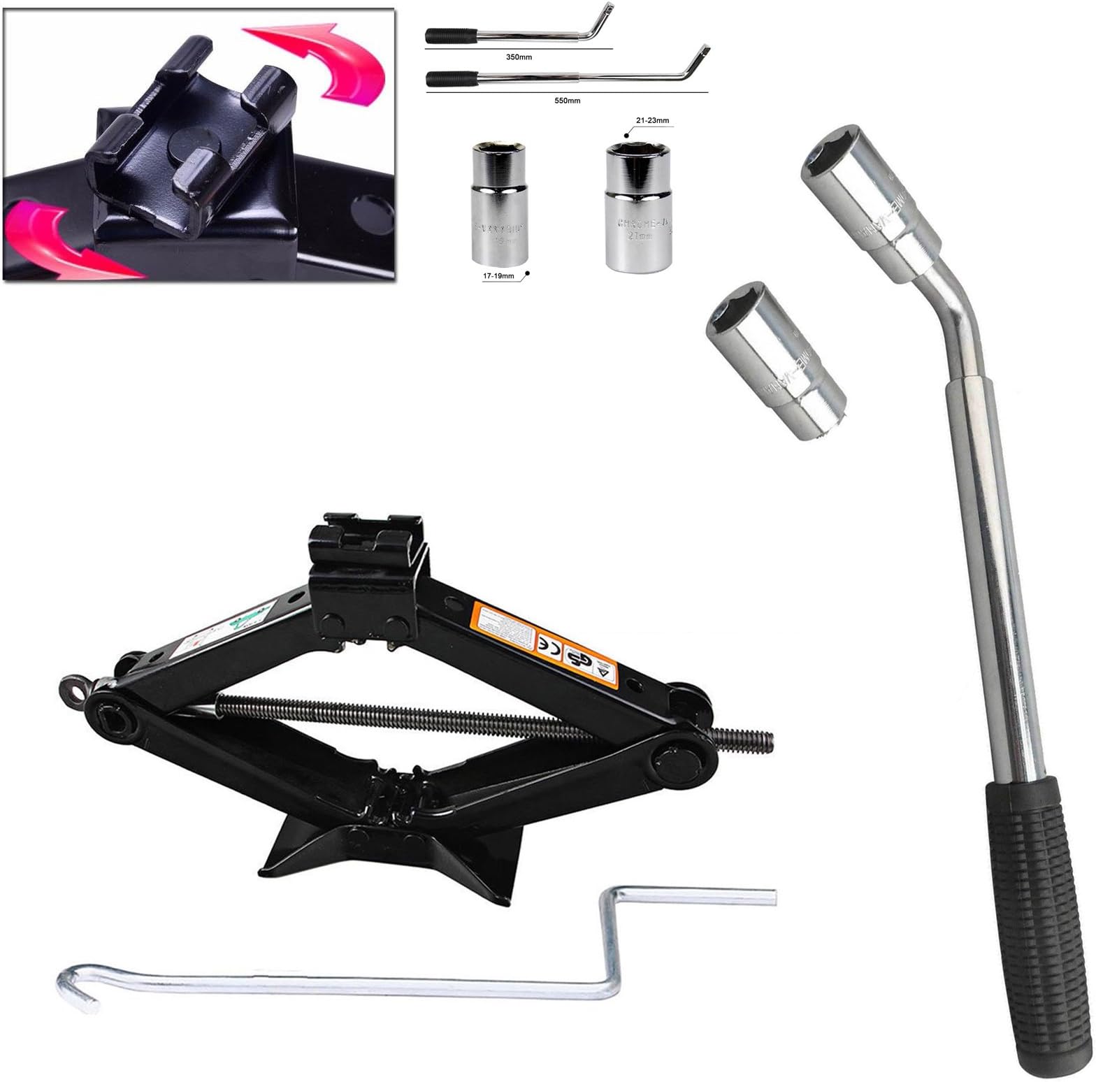 Universal Spare Tire Tool Kit Wheel Lug Nut Wrench 17mm 19mm 21mm 23mm + Scissor Jack 2 Ton for Car Van Road Side Emergency
