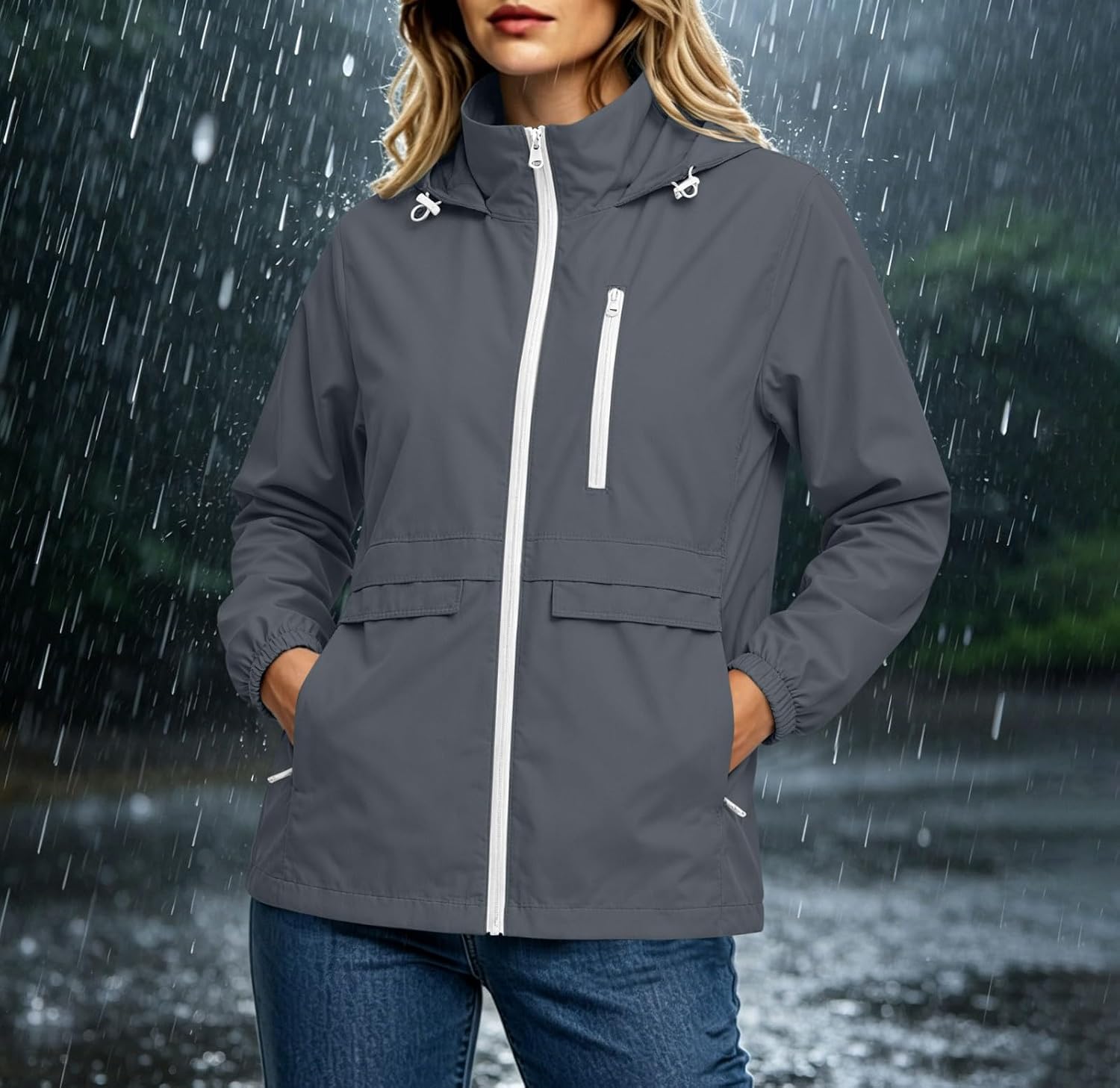 Technical Jacket for Women Hooded Zip Up Waterproof Windbreaker | Women's Lightweight Softshell Coat with Raglan Sleeve, Zip Pockets, Elastic Cuffs for Hiking Travel Outdoor Fall