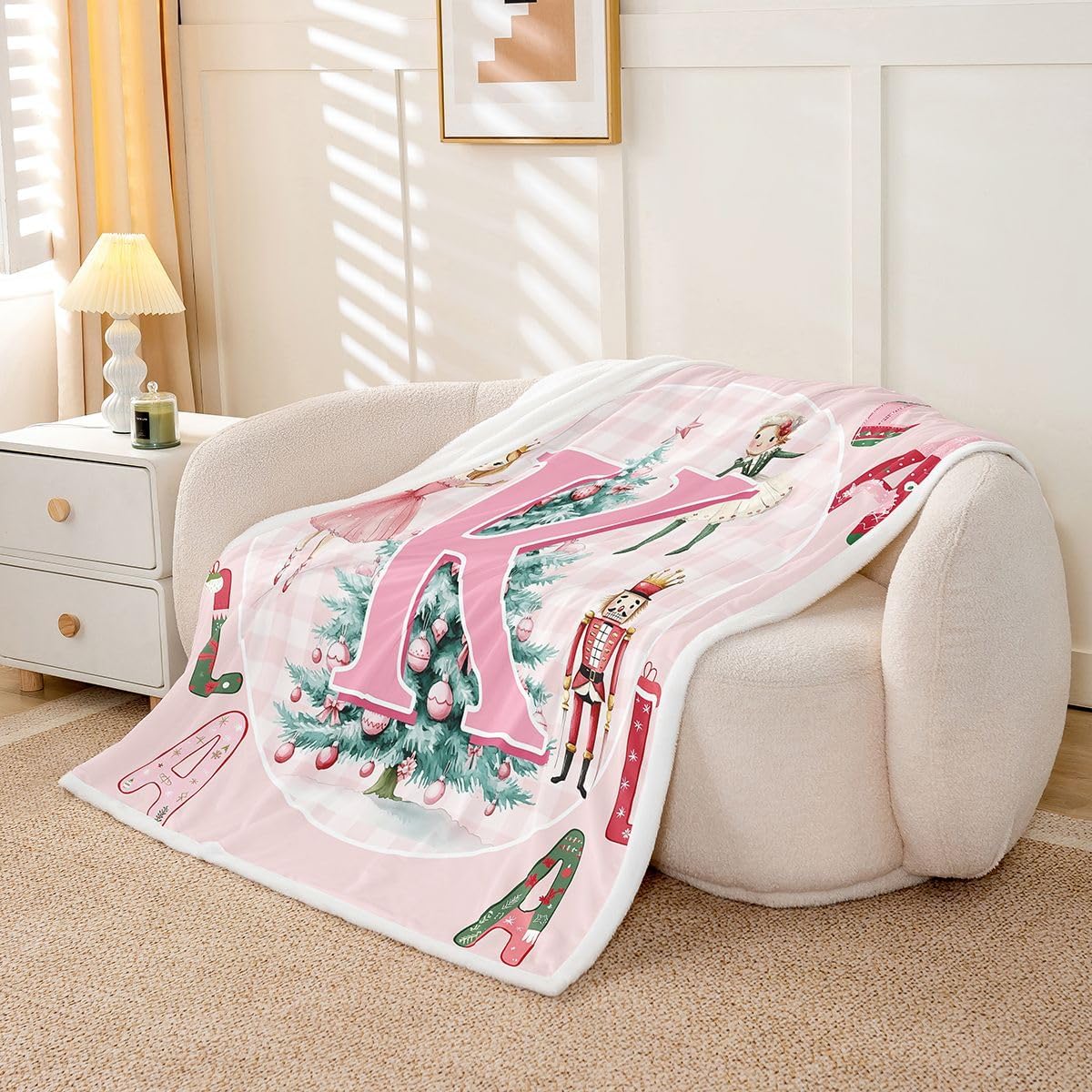 Erosebridal Christmas Nutcracker Fuzzy Plush Throw Pink Initial Letter K Fleece Blanket Cute Xmas Tree Soldier Princess Sherpa Blanket for Kids Girls,Kawaii Holiday Decor for Bed Couch Baby 30"x40"