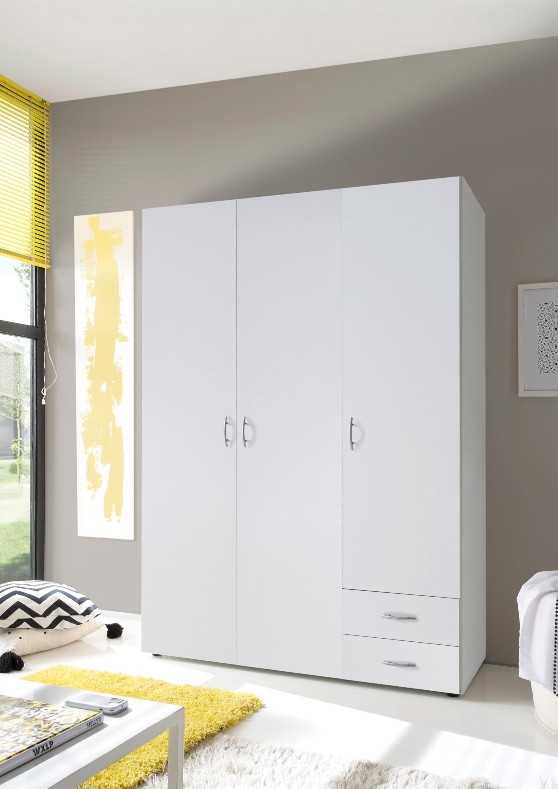 Armadio Guardaroba 3 Ante e 2 Cassetti | Armadio Camera da Letto Moderno 121x177x51 cm (LxHxP) | Ampio Spazio Organizzativo con Barra Appendiabiti | Colore Bianco