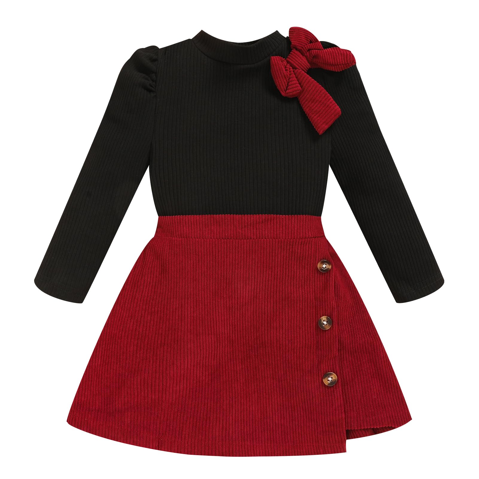 Toddler Girl Plaid Outfits Fall Winter Dress Knit Ribbed Bow Sweatshirt Tops and Button Fashion Skirts Set