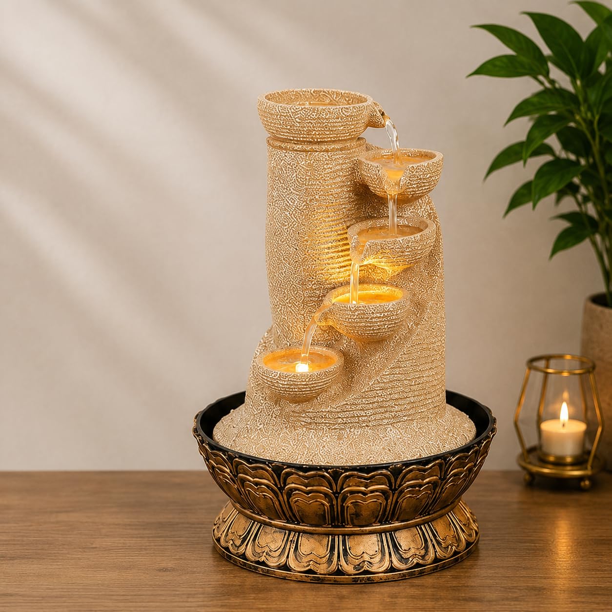 Indoor Water Fountain with LED Light & Speed Controller Pump | Home Decor, Meditation Use, Pooja Room Decor, 4-Tier Bowl Design, Pebble Base-image-34
