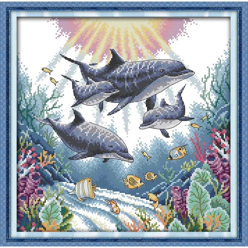 Funcrostitch Counted Cross Stitch Kits for Beginners,14ct Unprinted Pattern Embroidery Kit Dmc Cotton Threads Needleworks for Adults-Dolphin 14.2"×14.2"